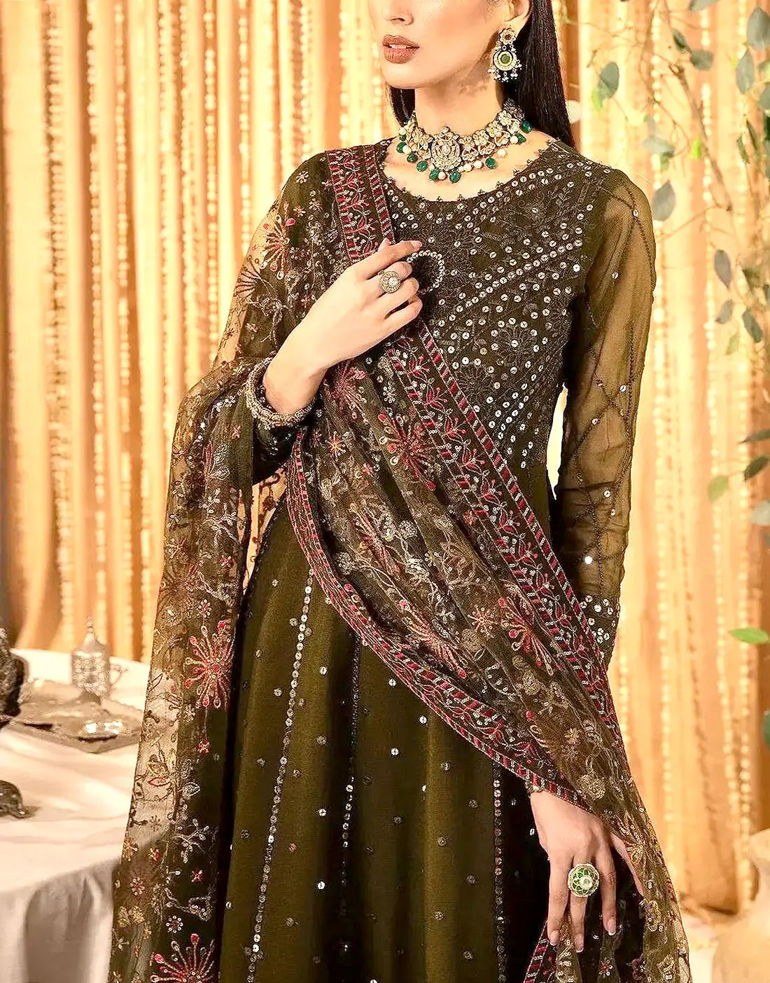 Luxury 5mm Sequins Embroidered Chiffon Maxi Dress for Mehndi Event