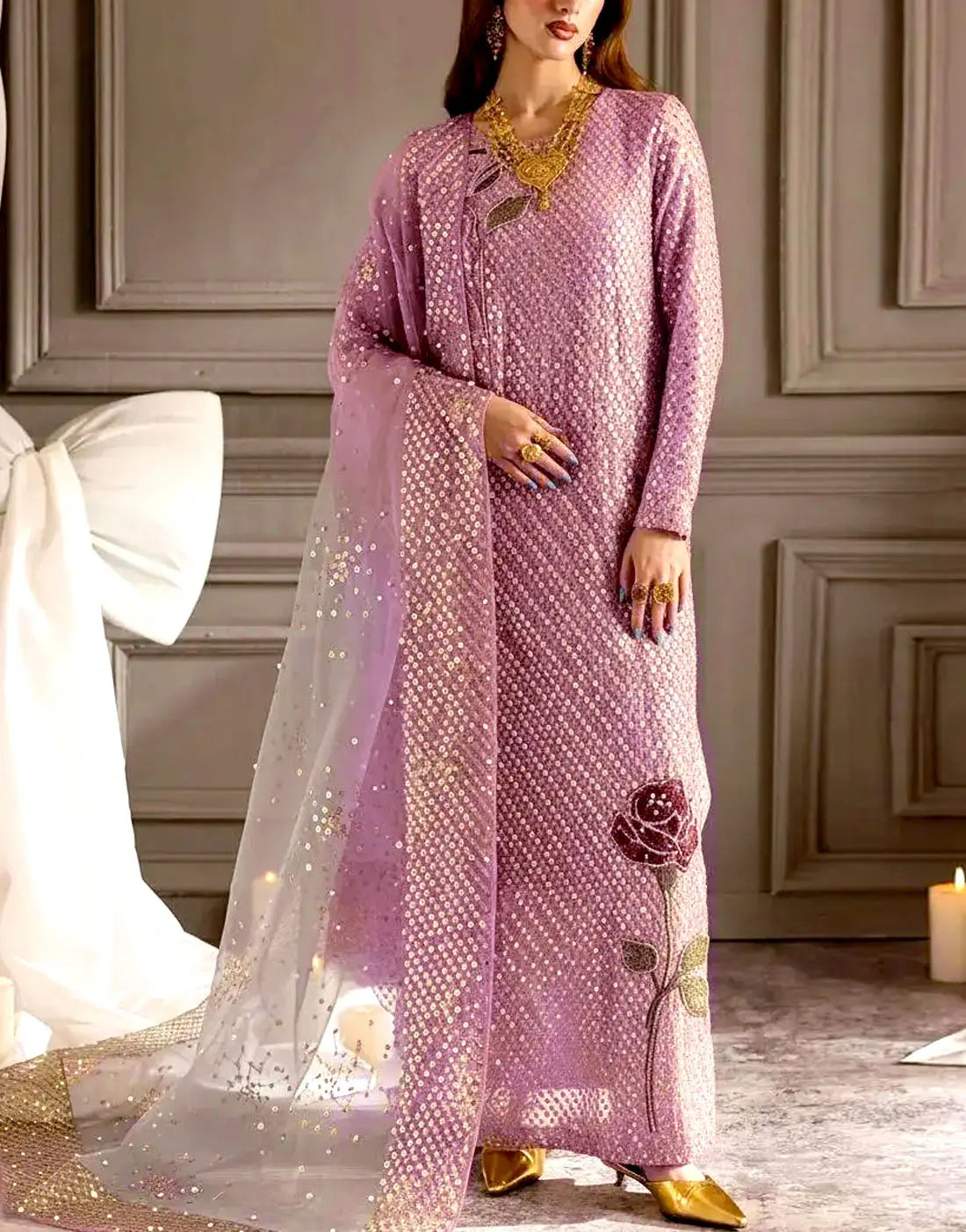 Glittering Sequins Embroidered Mauve Chiffon Wedding Dress with Emb. Rose on Front