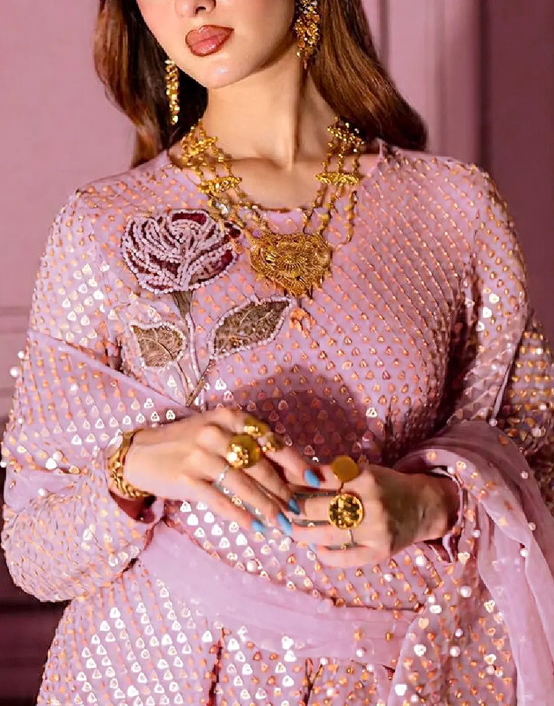 Glittering Sequins Embroidered Mauve Chiffon Wedding Dress with Emb. Rose on Front