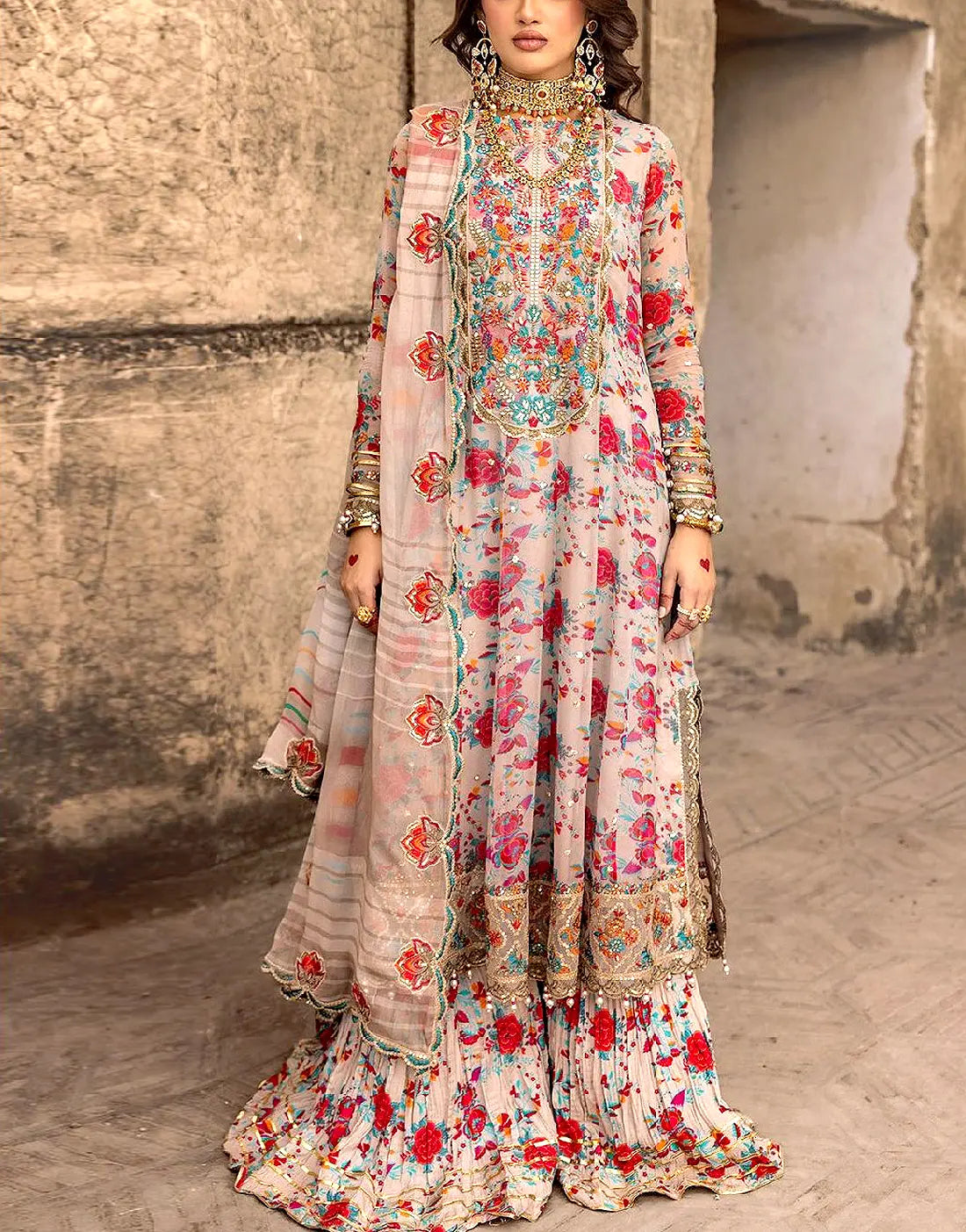 Stylish Chiffon Party Wear Dress with Embroidery and Floral Print