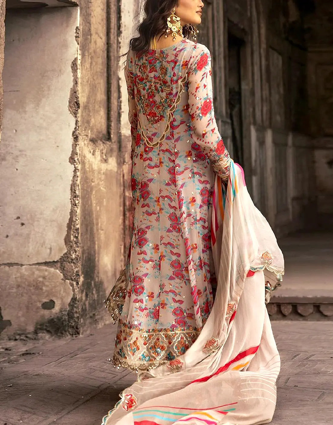 Stylish Chiffon Party Wear Dress with Embroidery and Floral Print