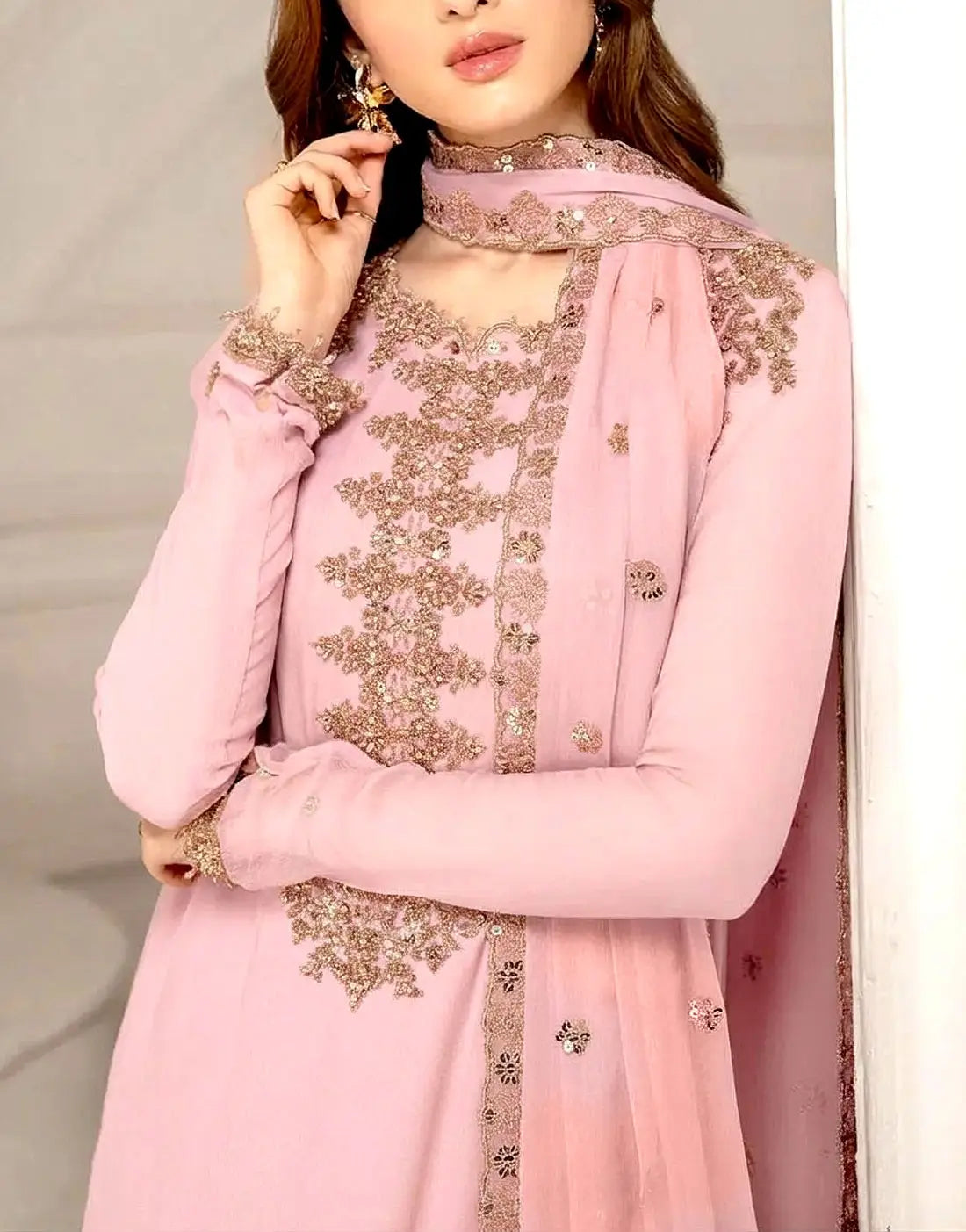 Alluring Embroidered Pink Formal & Party Chiffon Dress