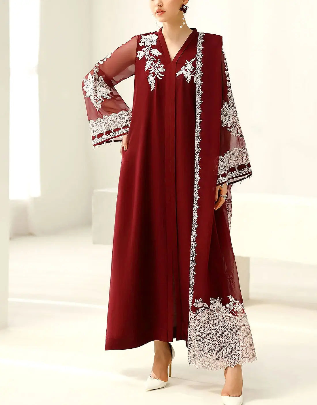 Elegant Decent Embroidered Maroon Chiffon Party Wear Dress