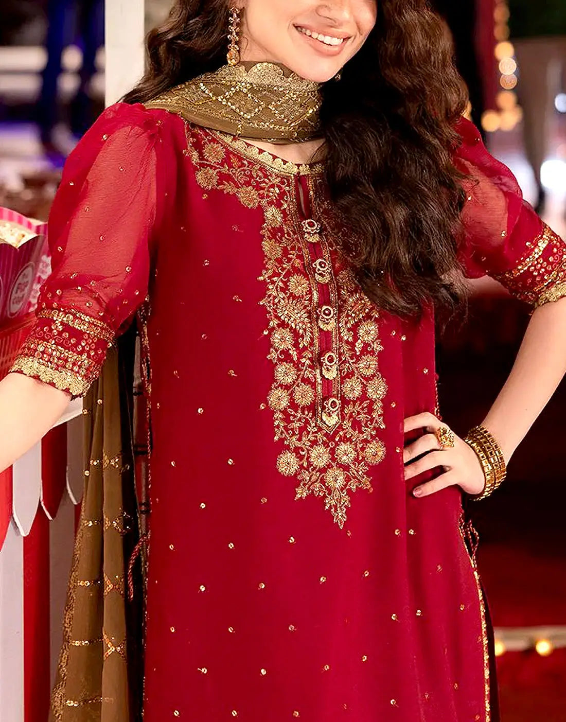 Radiant Intricate Embroidered Deep Red Chiffon Wedding Dress with Emb. Silk Trouser