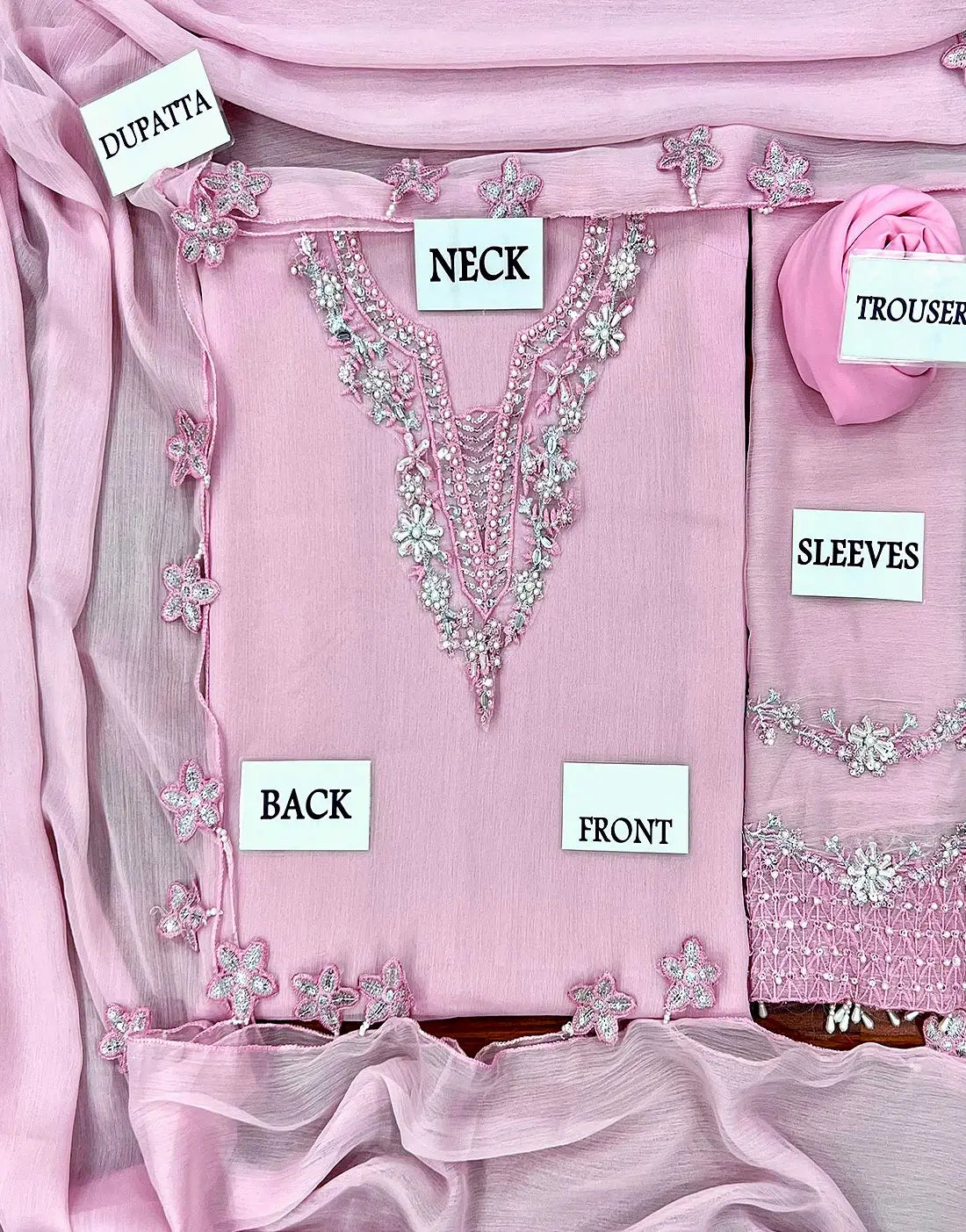 Sophisticated Tea Pink Chiffon Formal Party Dress with Rich Hand‑Embellished Neckline & Sleeves