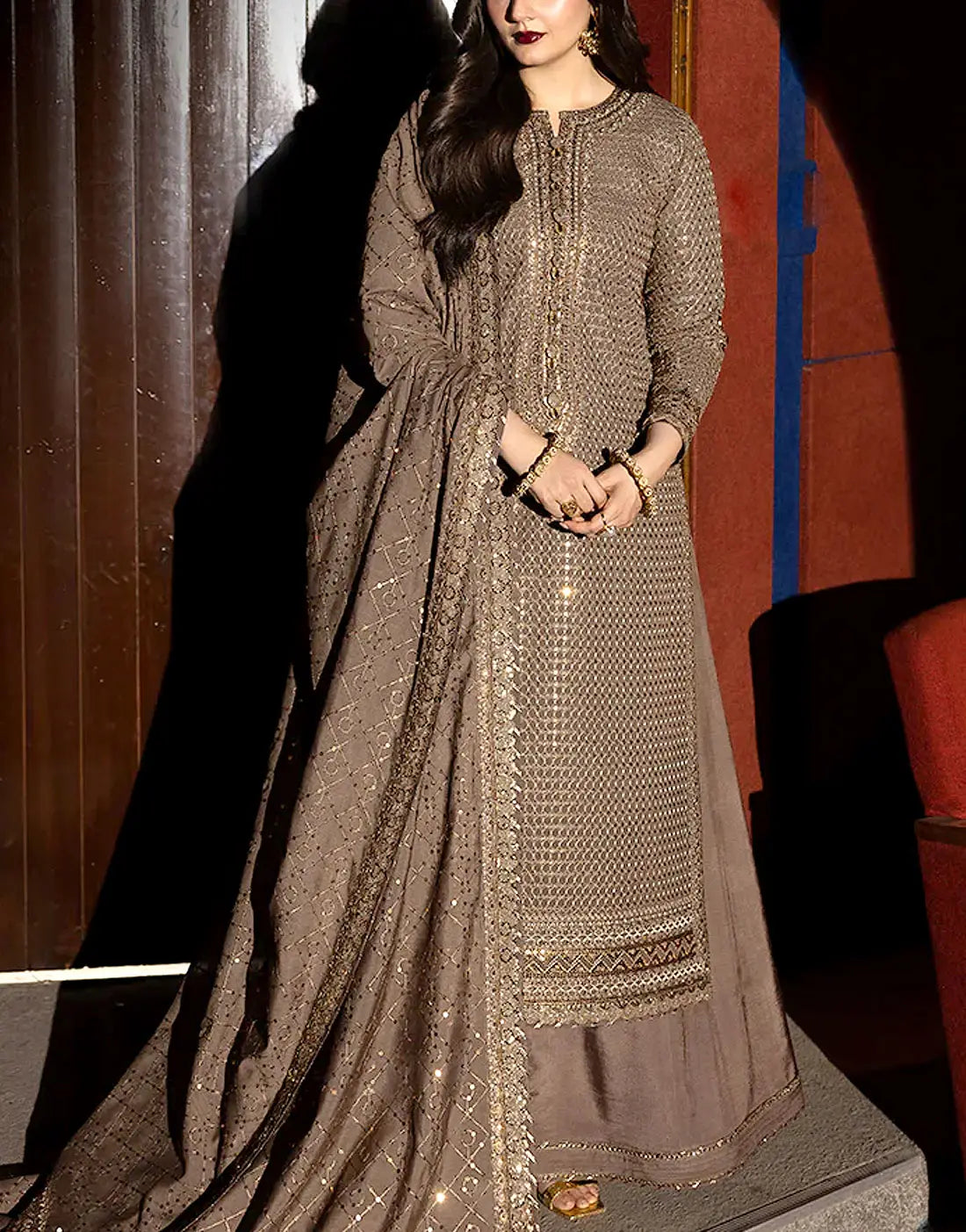 Glamorous Intricate Embroidered Taupe-Brown Chiffon Party & Wedding Dress