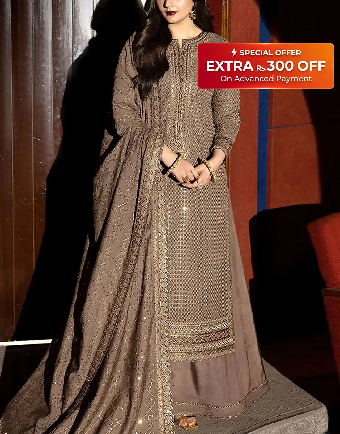 Glamorous Intricate Embroidered Taupe-Brown Chiffon Party & Wedding Dress