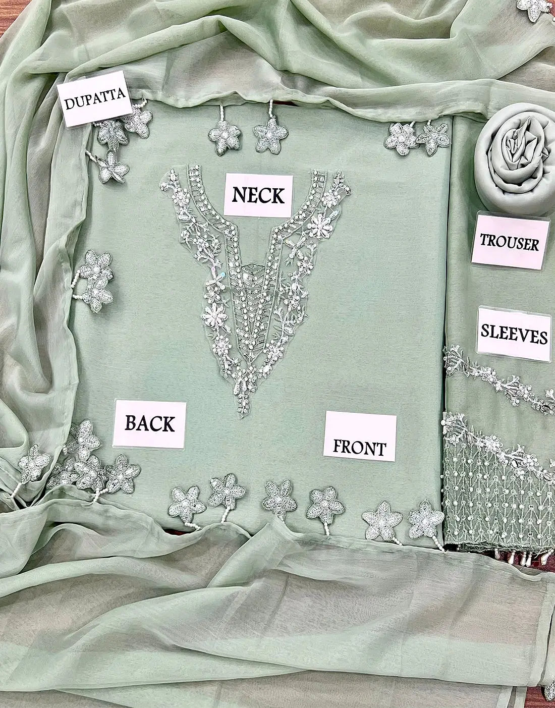 Sophisticated Mint Green Chiffon Formal Party Dress with Rich Hand‑Embellished Neckline & Sleeves