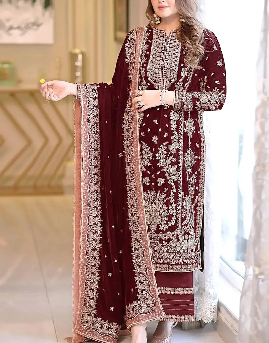Aneela's Luxury Handwork Embroidered Maroon Chiffon Wedding Wear Dress