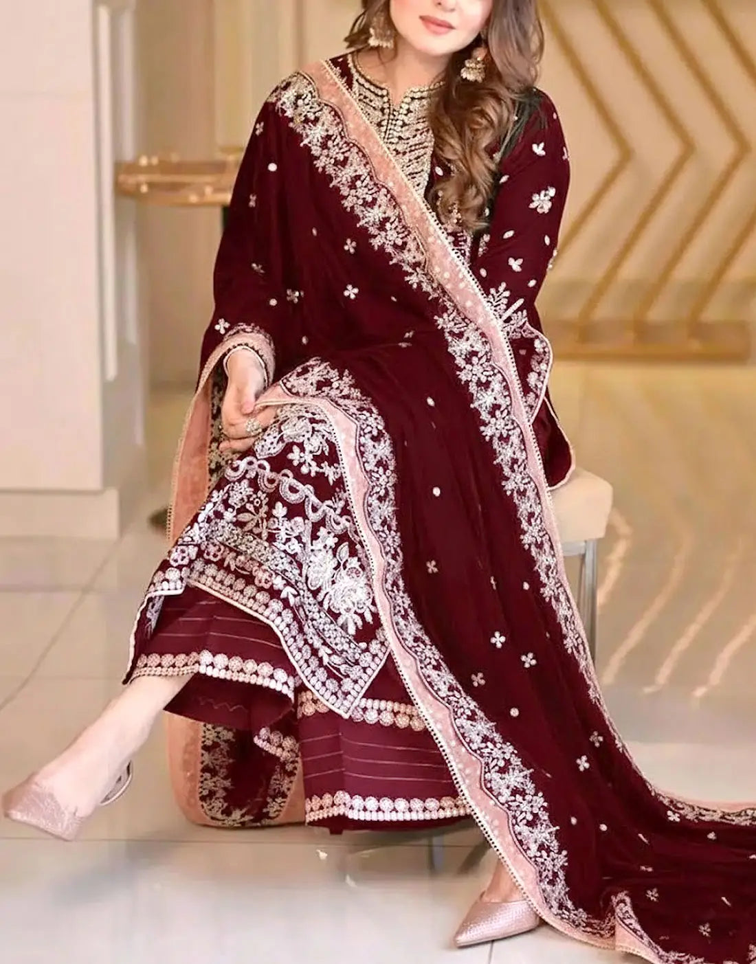 Aneela's Luxury Handwork Embroidered Maroon Chiffon Wedding Wear Dress