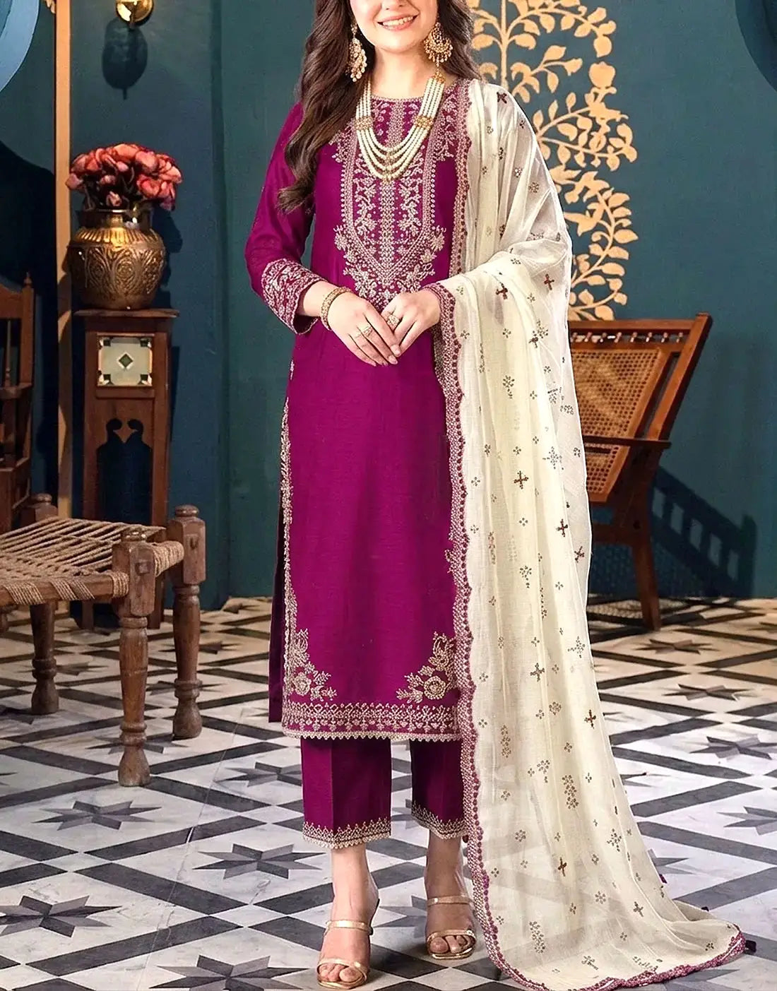 Elegant Embroidered Chiffon Party Wear Dress with Inner