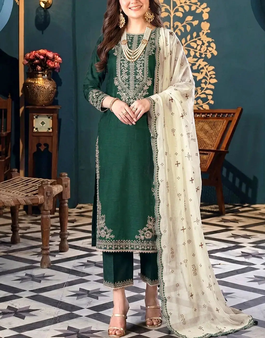 Elegant Embroidered Chiffon Party Wear Dress with Inner