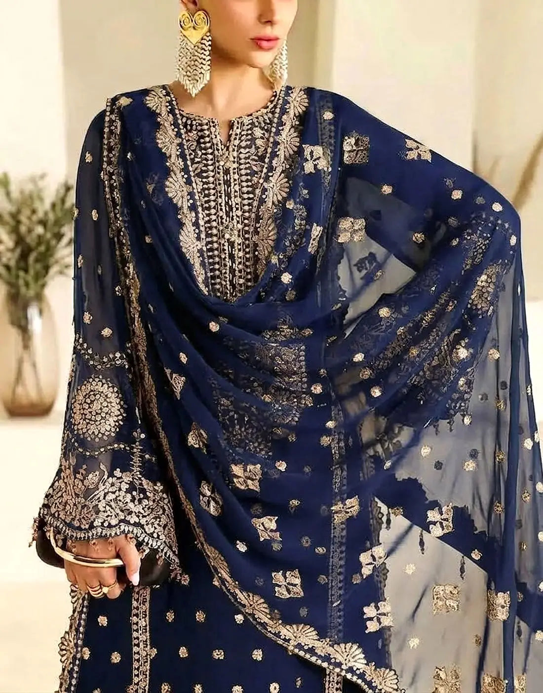 Heavy Embroidered Navy Blue Chiffon Wedding Dress with Silk Trouser