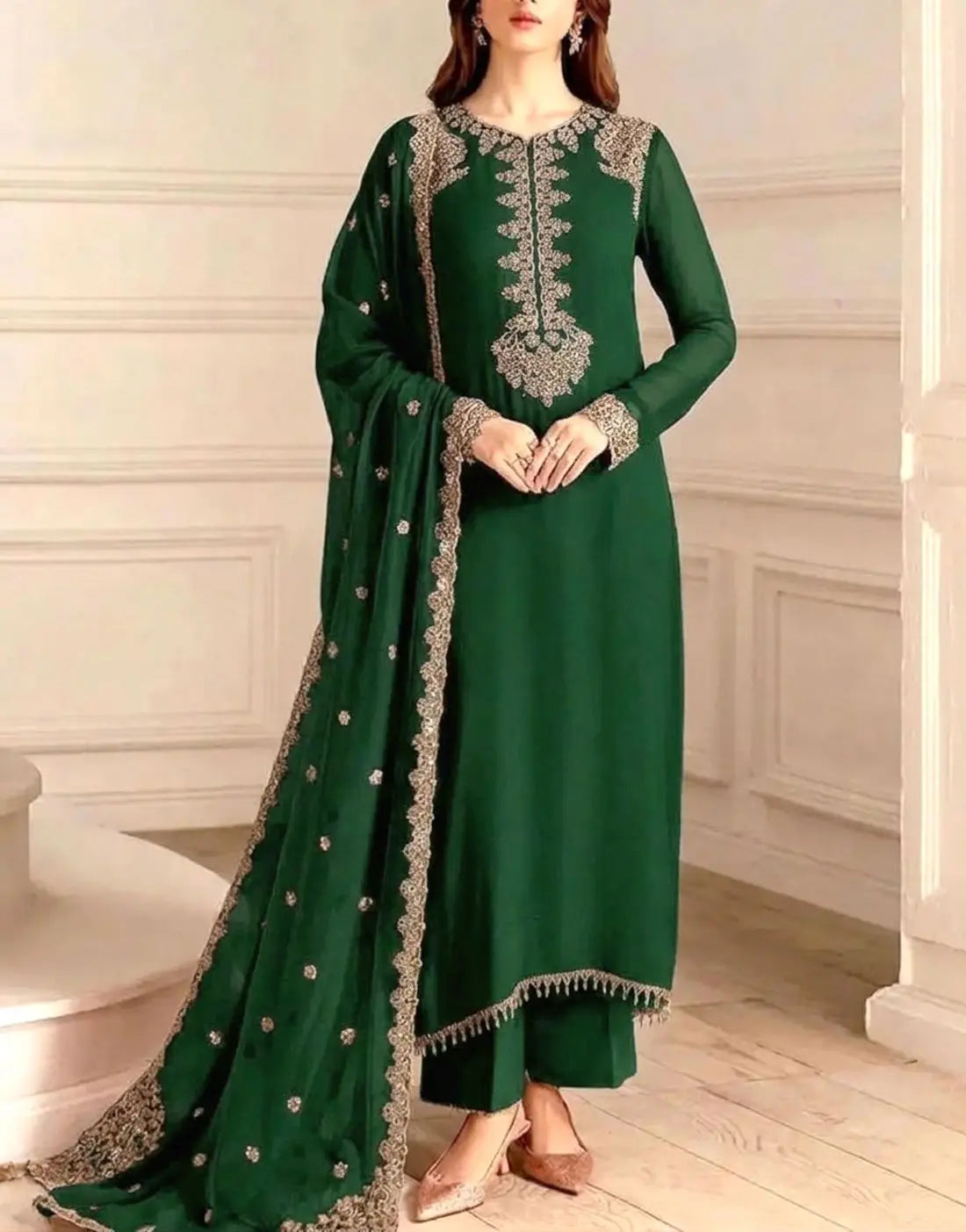 Graceful Embroidered Bottle Green Chiffon Dress for Parties & Weddings
