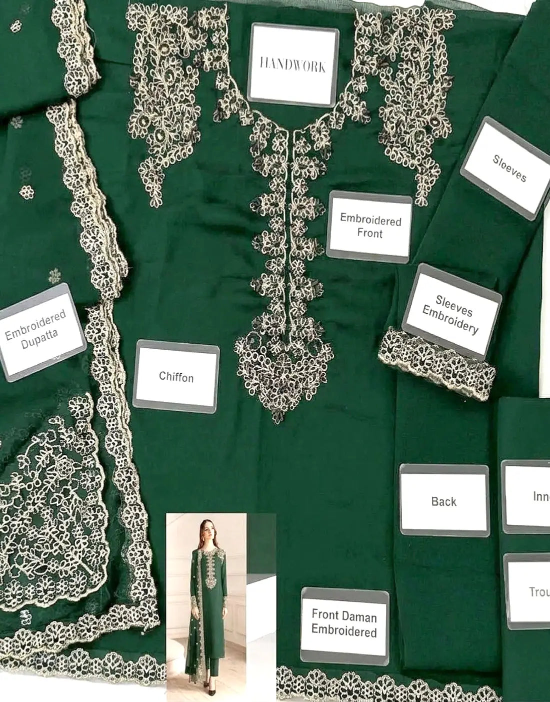Graceful Embroidered Bottle Green Chiffon Dress for Parties & Weddings