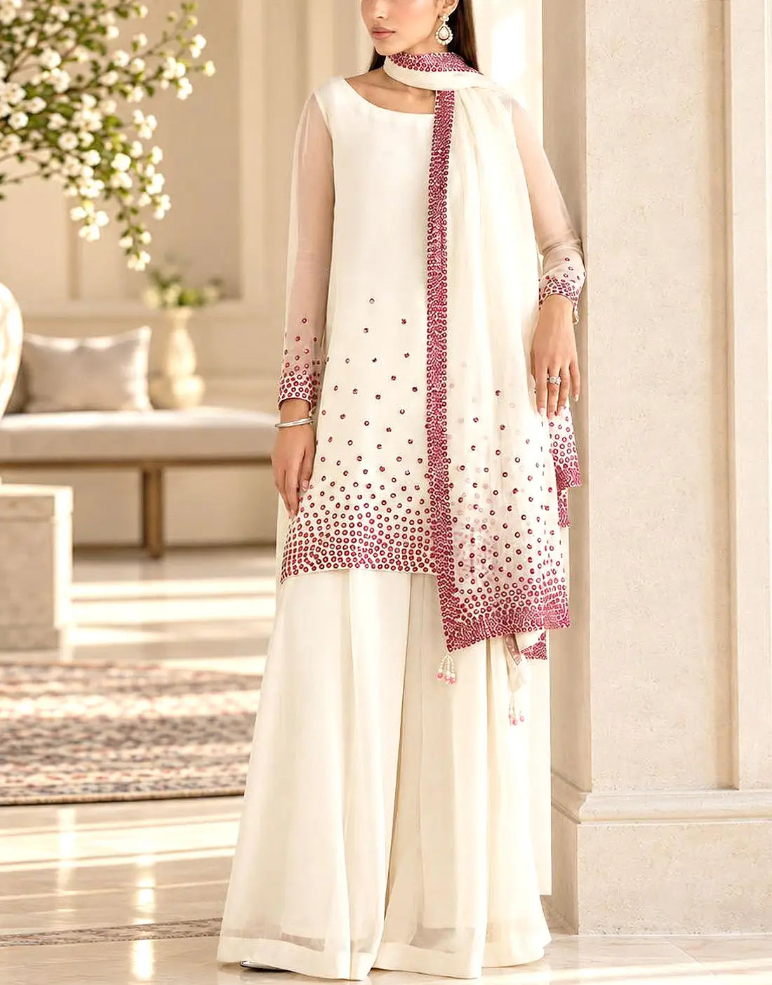 Elegant Sequins Embroidered Chiffon Party Wear Dress with Silk Trouser ...