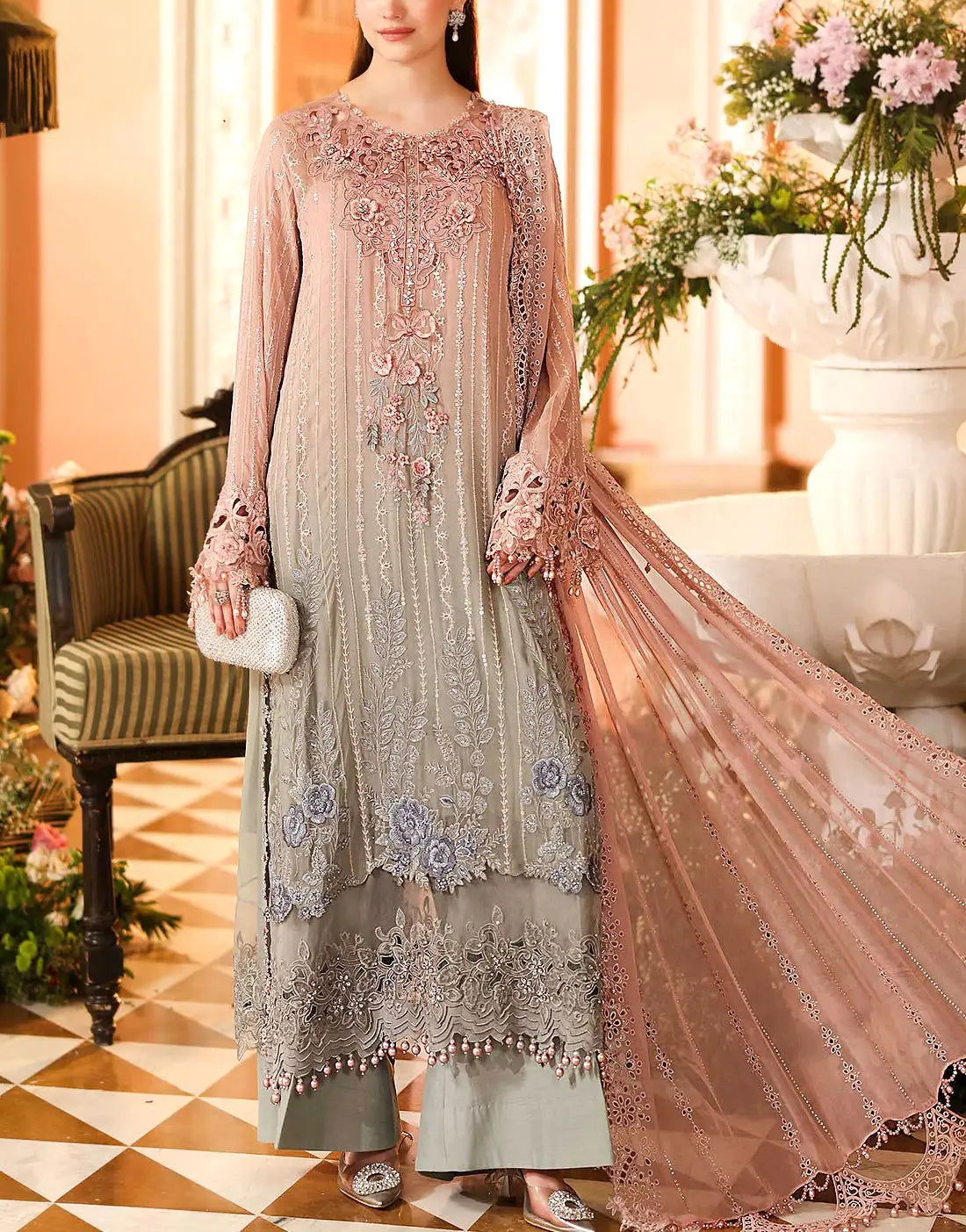 Luxury Embroidered & 3D Handwork Two-Toned Chiffon Dress - Perfect for Parties & Weddings