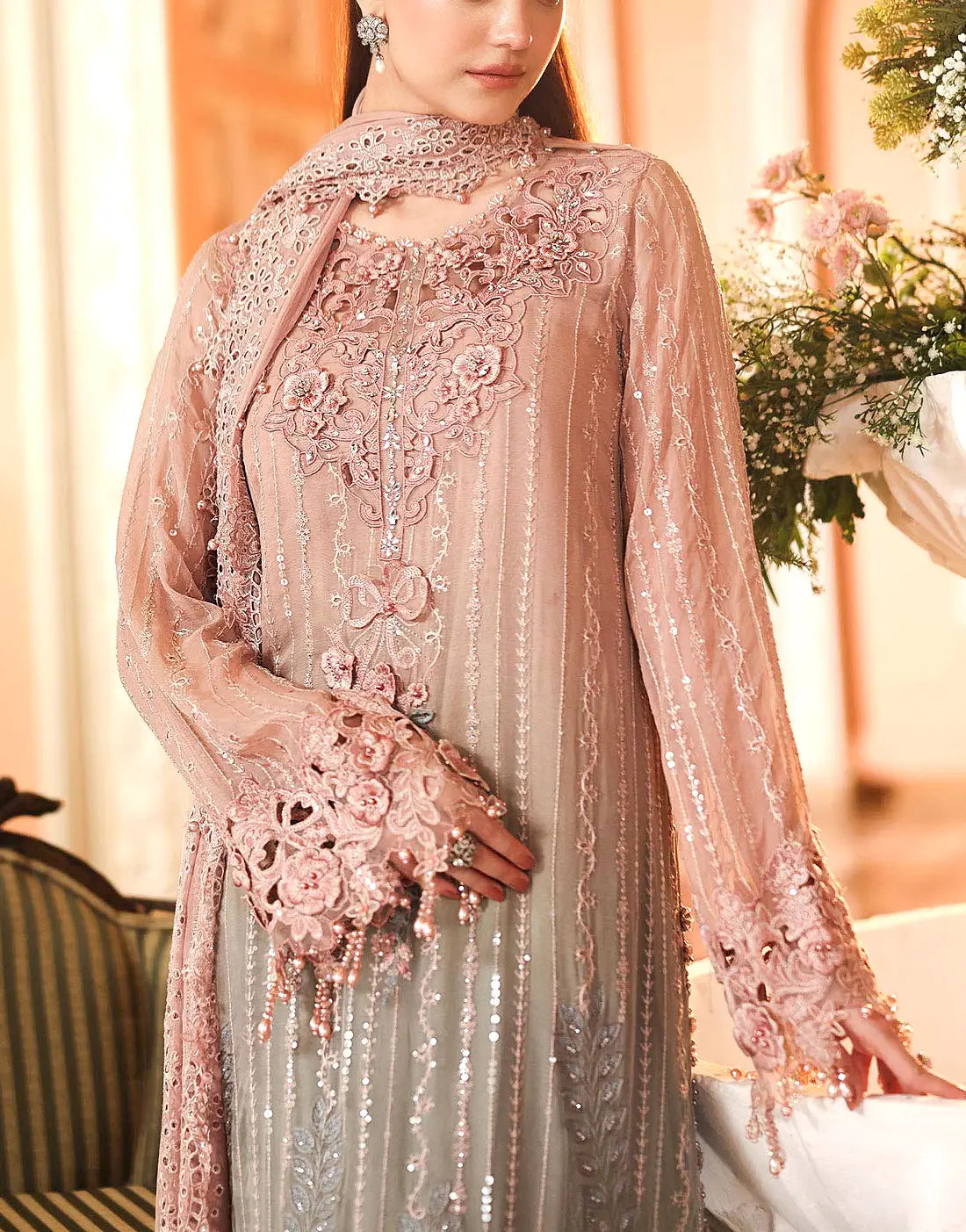 Luxury Embroidered & 3D Handwork Two-Toned Chiffon Dress - Perfect for Parties & Weddings