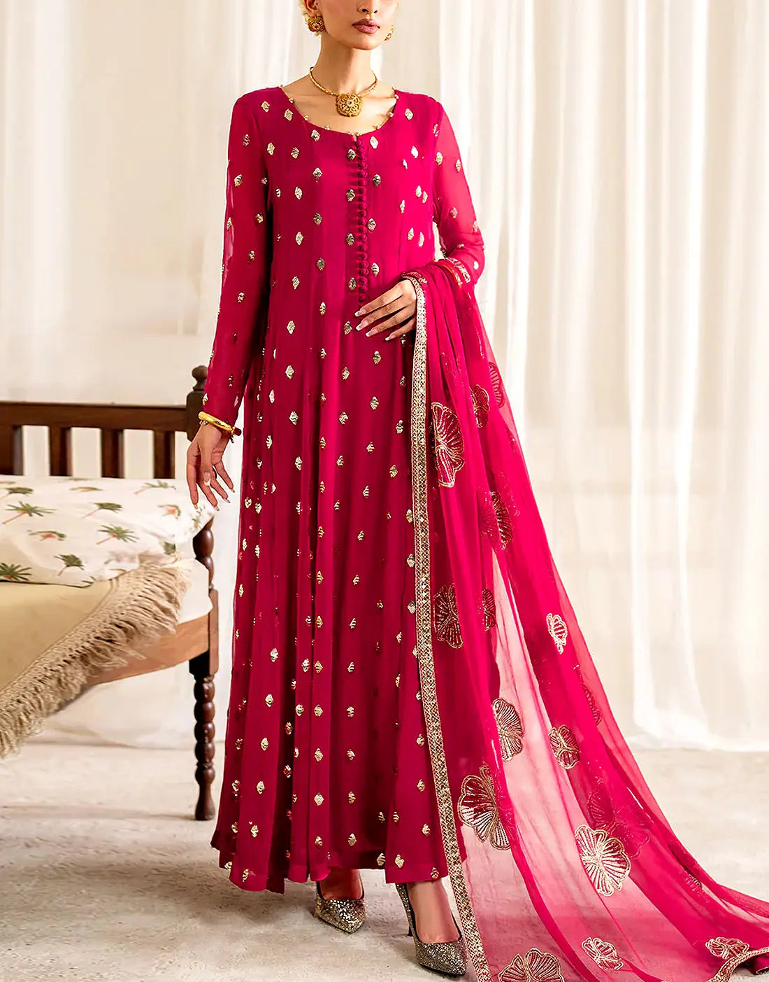 Elegant Embroidered Atishi Chiffon Wedding Dress with Chiffon Dupatta