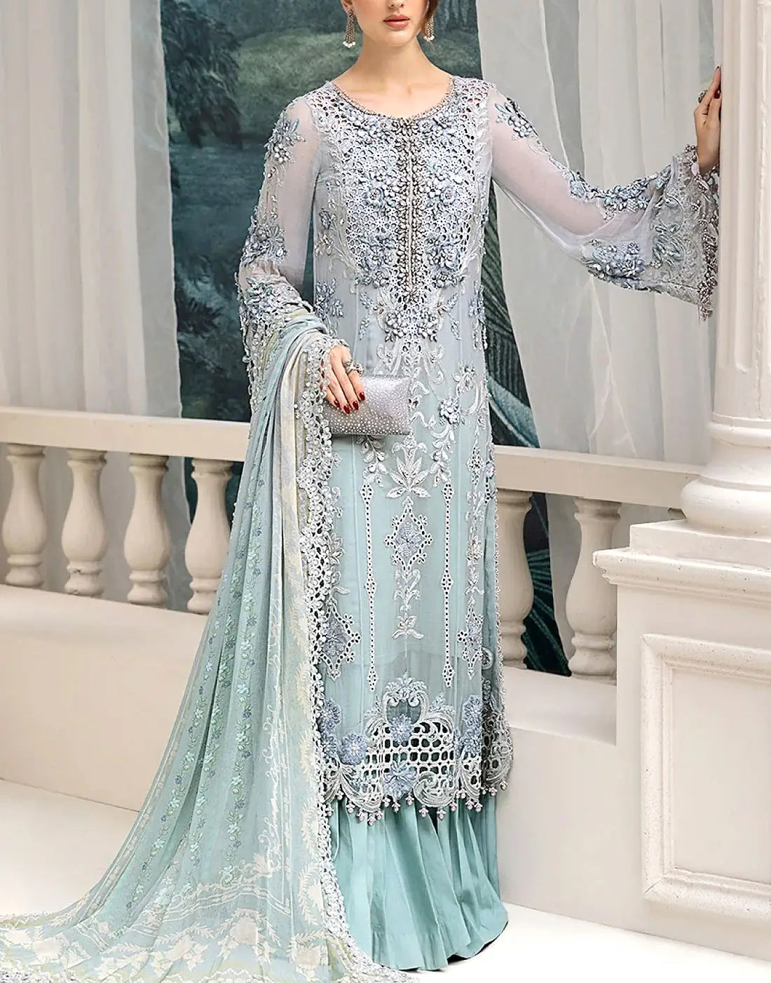Premium 3D & Cutwork Embroidered Ice Blue Chiffon Party Wear Dress with Luxe Embellishments