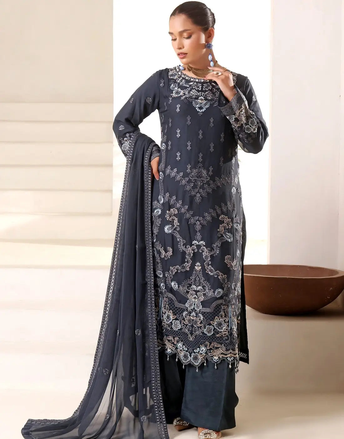 Samara Semi-Stitched Black Embroidered Chiffon Dress for Formal and Party Wear