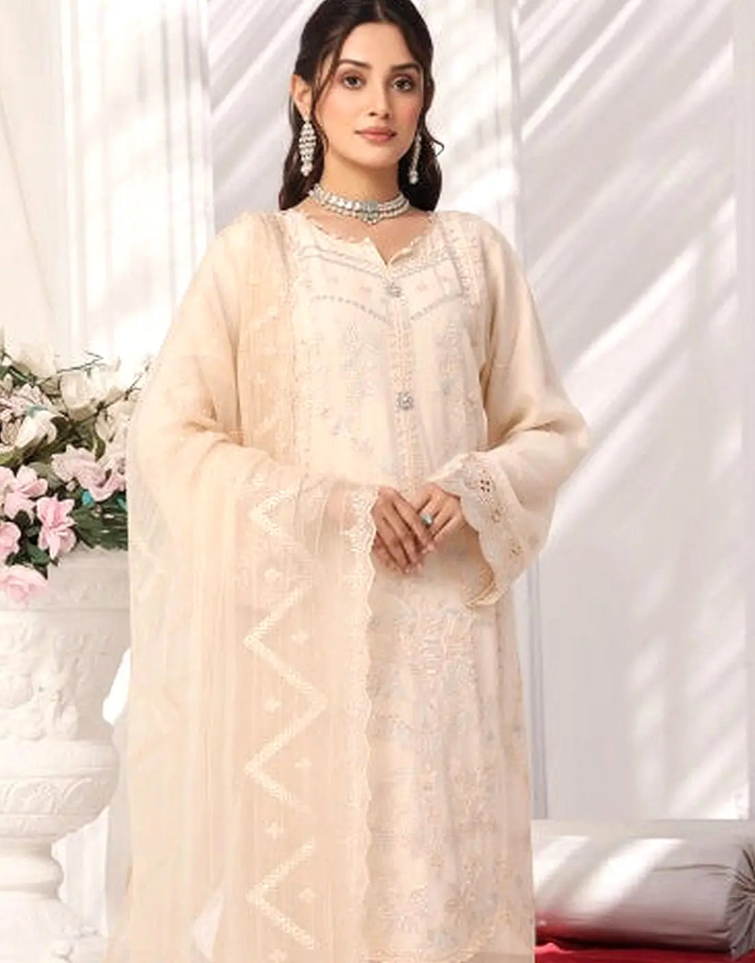 Batul Semi-Stitched Ivory Embroidered Chiffon Dress for Festive & Party Wear