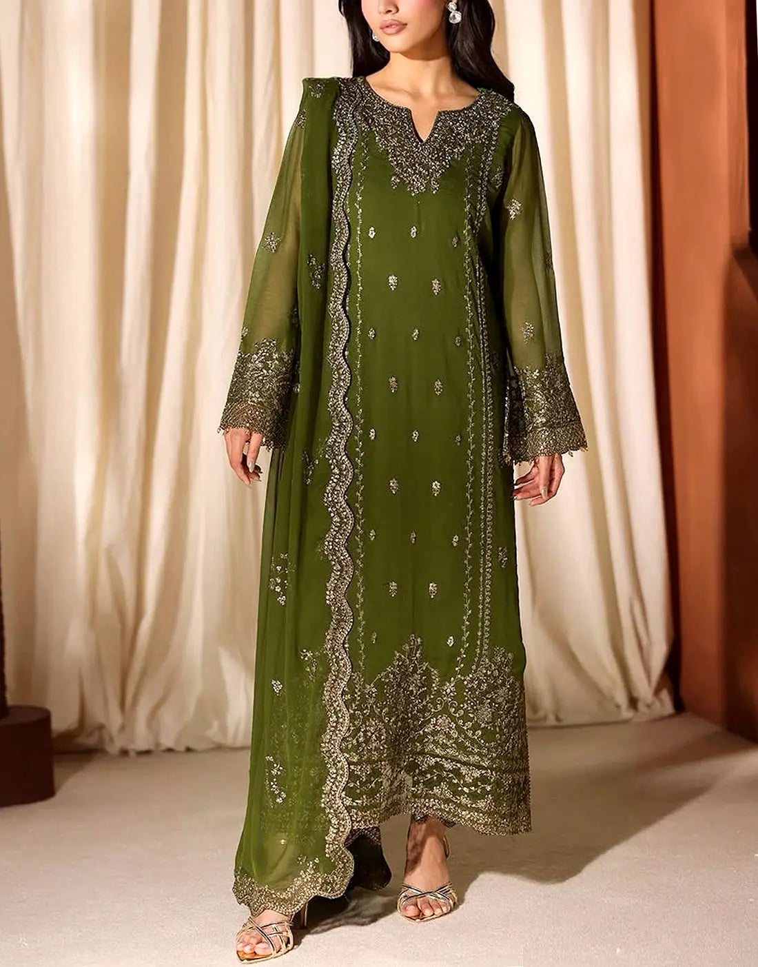 Adorable Embroidered Chiffon Mehndi Dress - Perfect for Party & Weddings