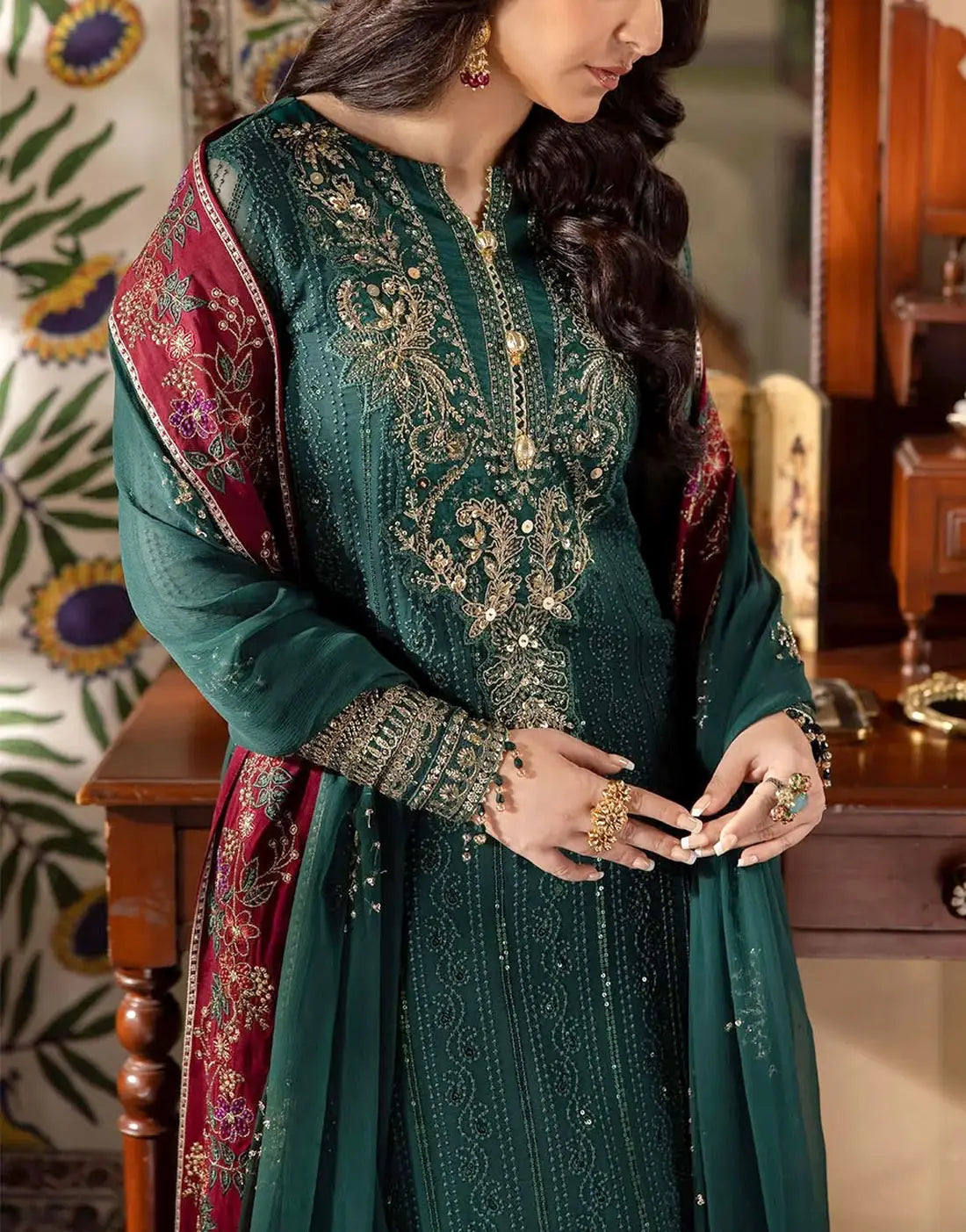Heavy Embroidered Chiffon Party Wear Dress with Emb. Silk Trouser
