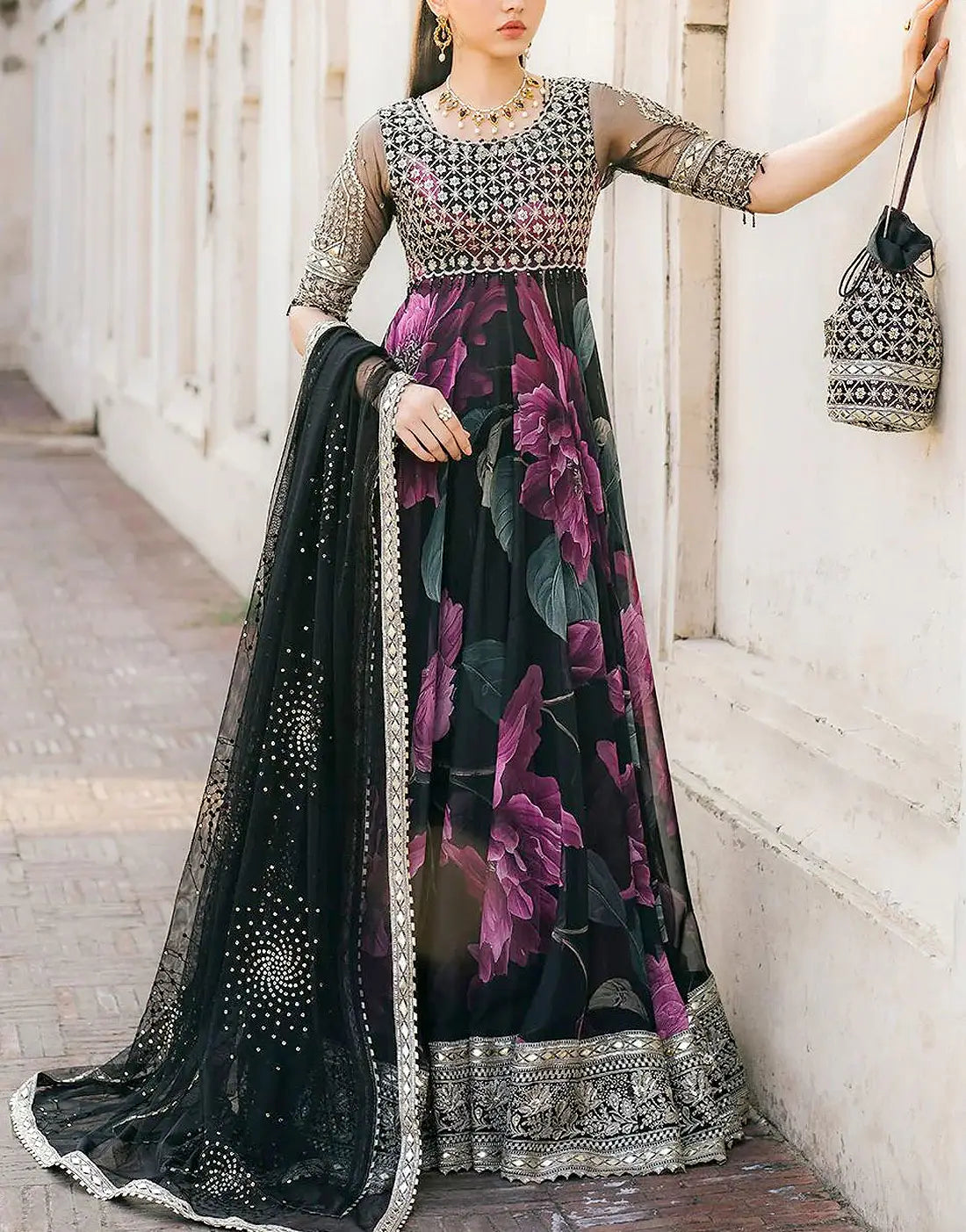 Adorable Floral Print Embroidered Chiffon Party Wear Maxi Design for Girls