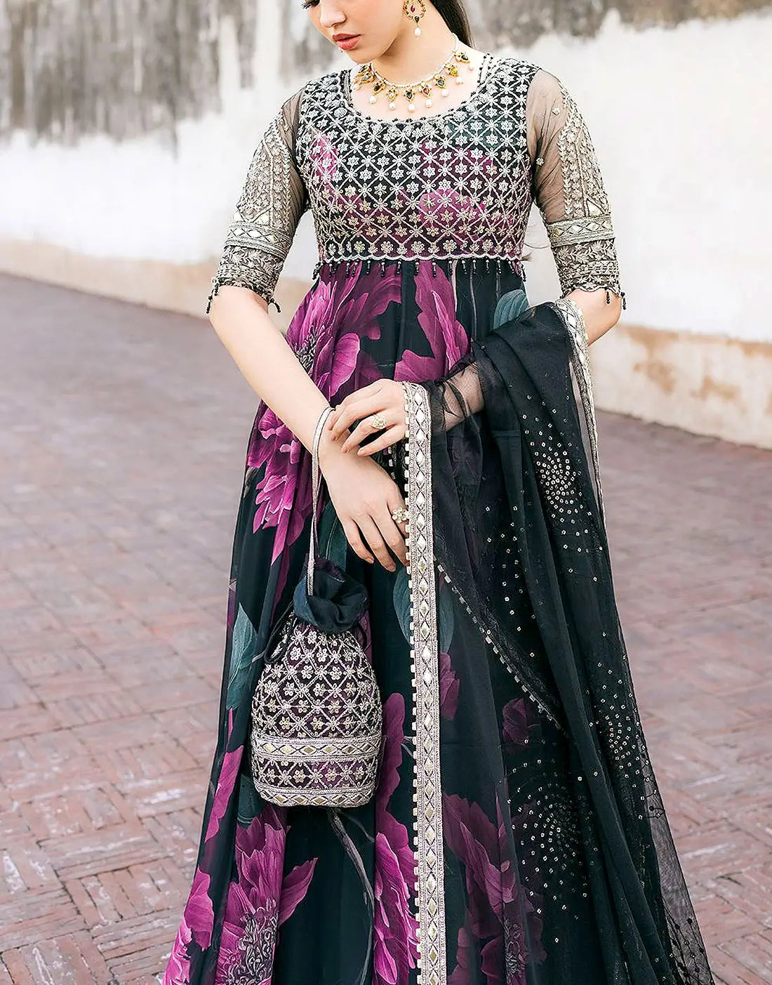 Adorable Floral Print Embroidered Chiffon Party Wear Maxi Design for Girls