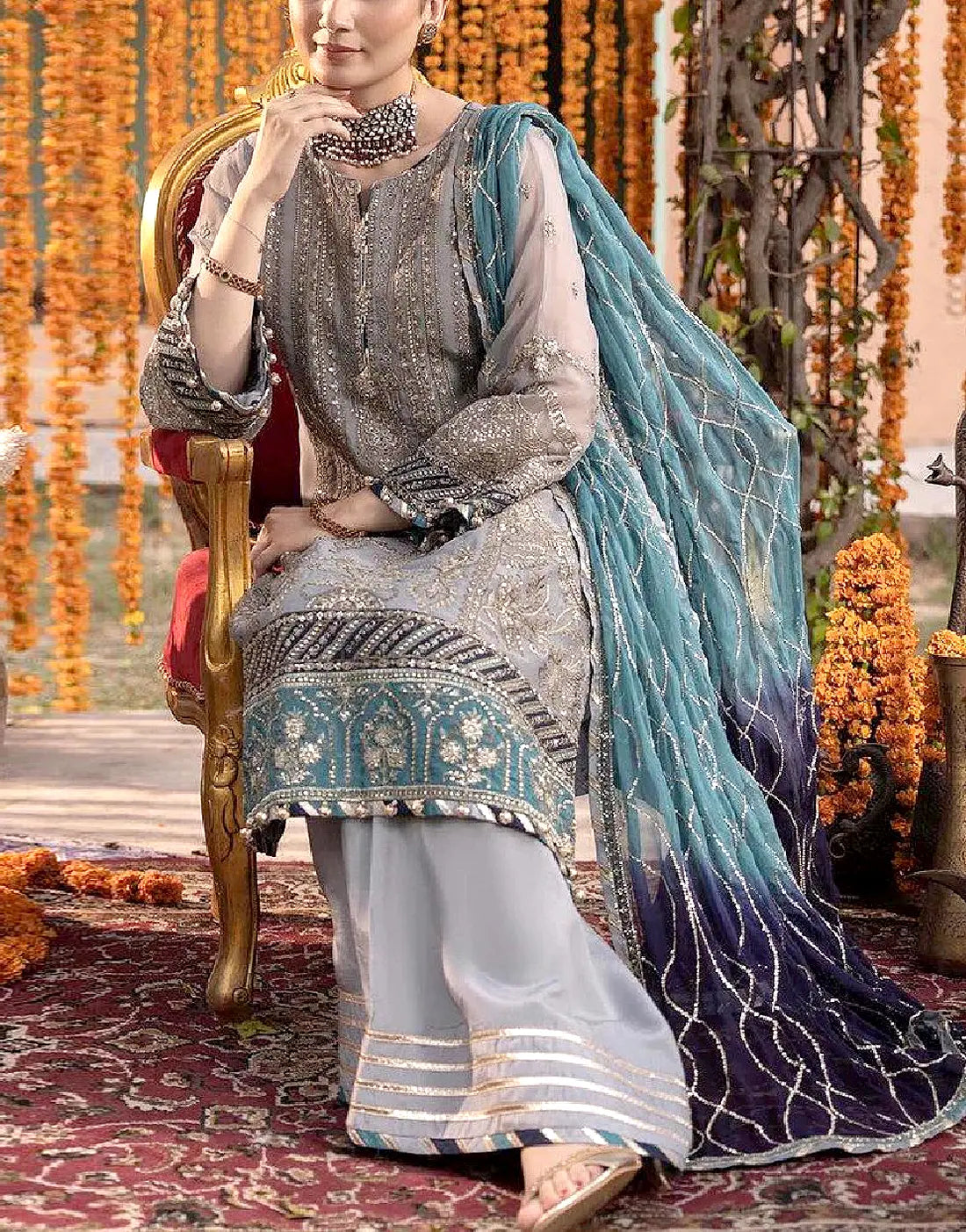 Graceful Embroidered Grey Chiffon Dress for Formal & Party Ready Look