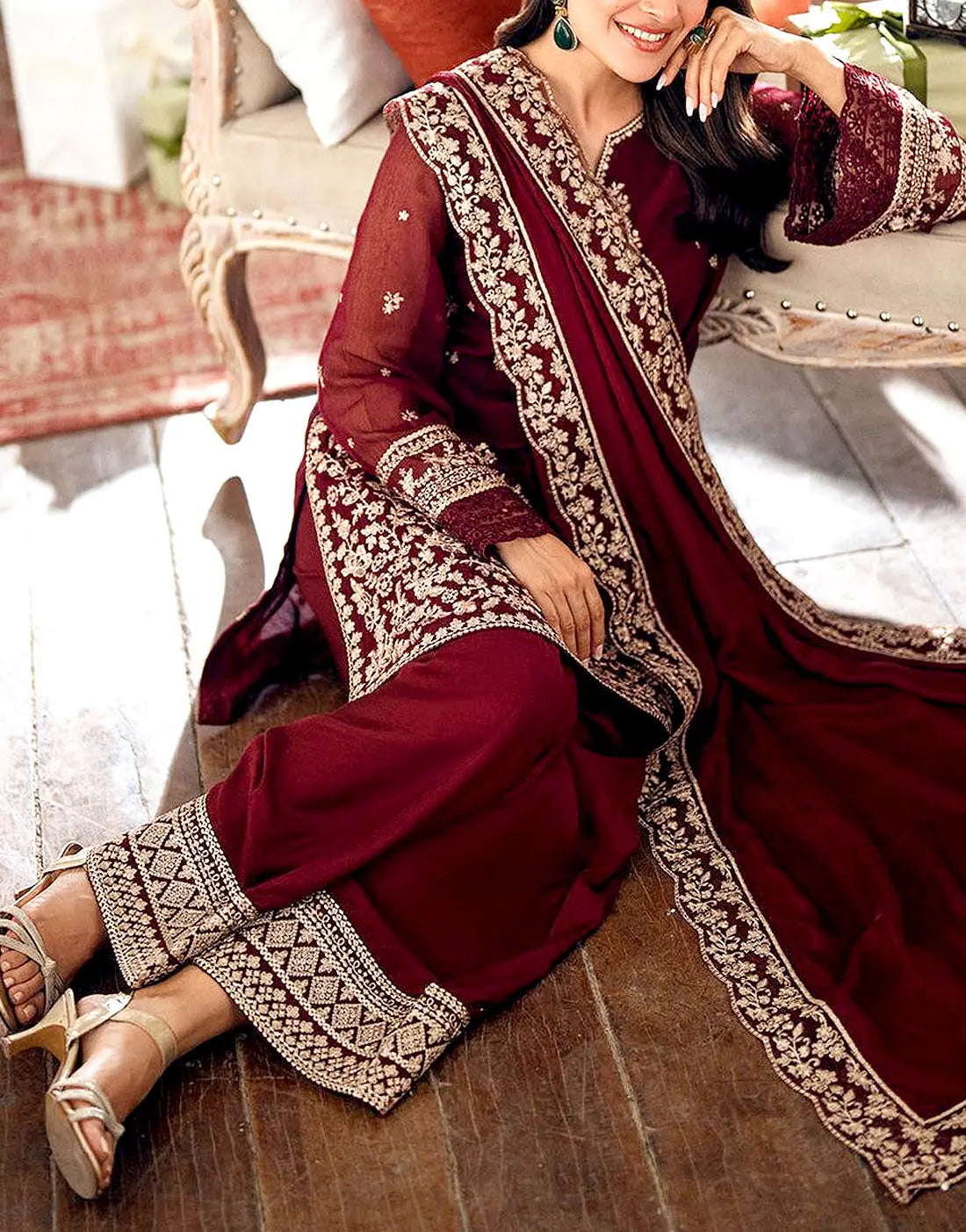 Gorgeous Heavy Embroidered Maroon Chiffon Wedding Dress