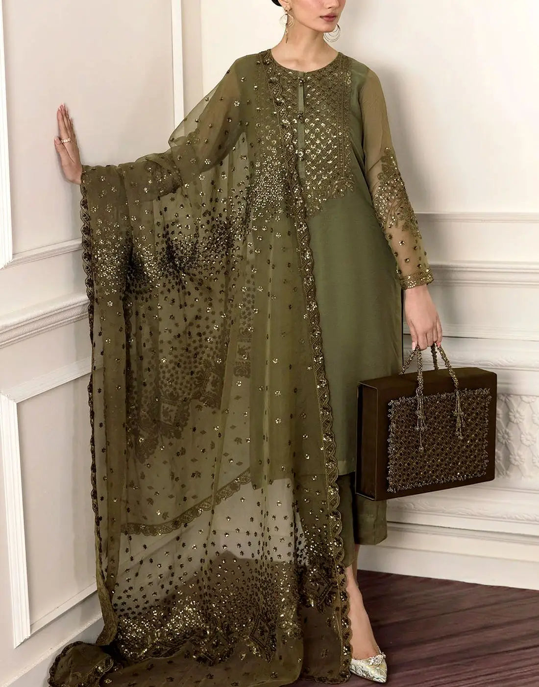 Graceful Heavy Embroidered Olive Green Mehndi Wedding Dress with Handwork & Pearls Neck