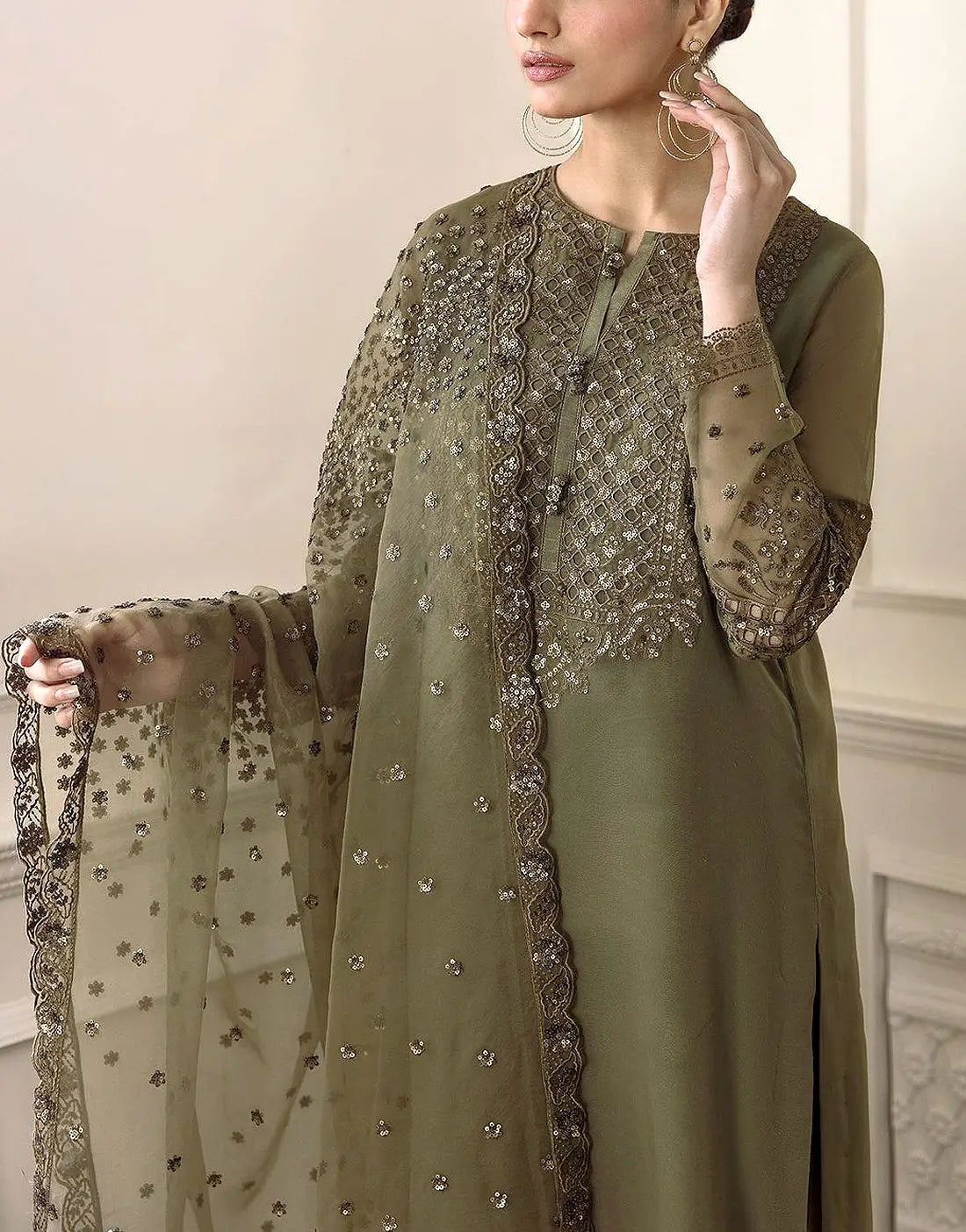Graceful Heavy Embroidered Olive Green Mehndi Wedding Dress with Handwork & Pearls Neck