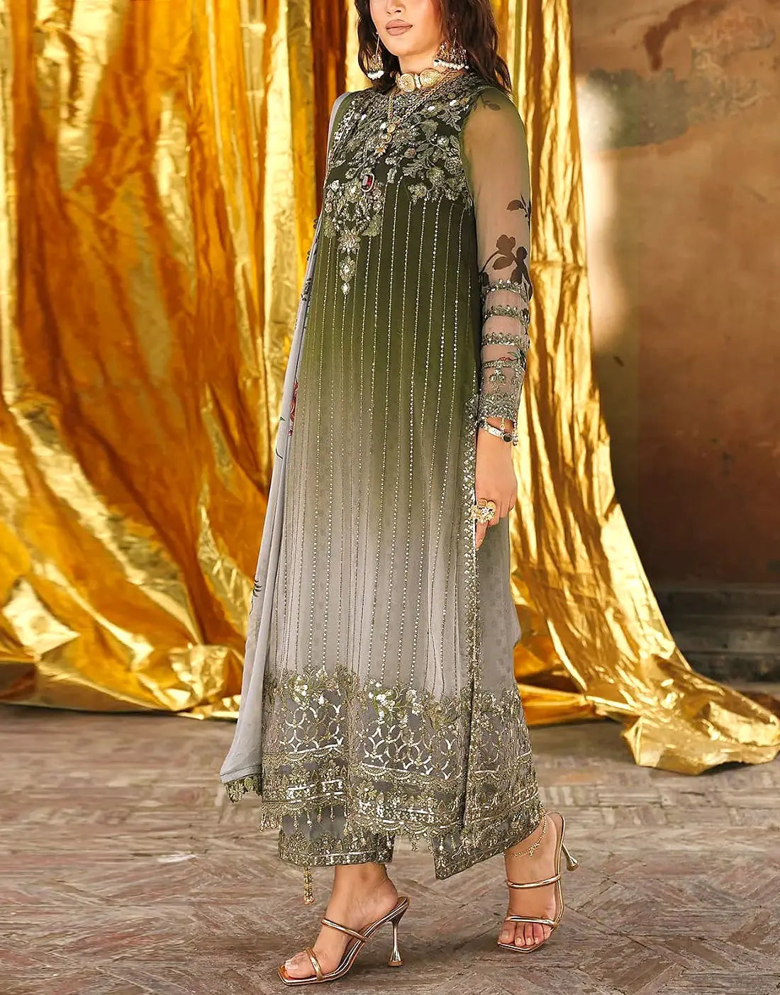 Premium Handcrafted & Embroidered Dip Dye Moss Green Chiffon Mehndi Outfit