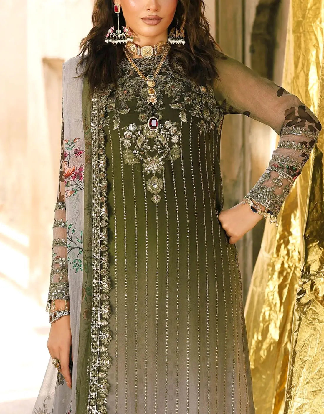Premium Handcrafted & Embroidered Dip Dye Moss Green Chiffon Mehndi Outfit