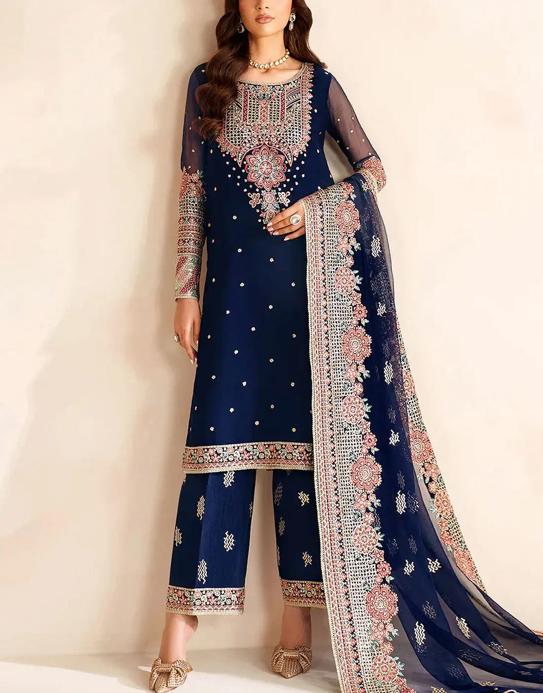 Ethnic Embroidered Navy Blue Chiffon Dress for Parties & Weddings