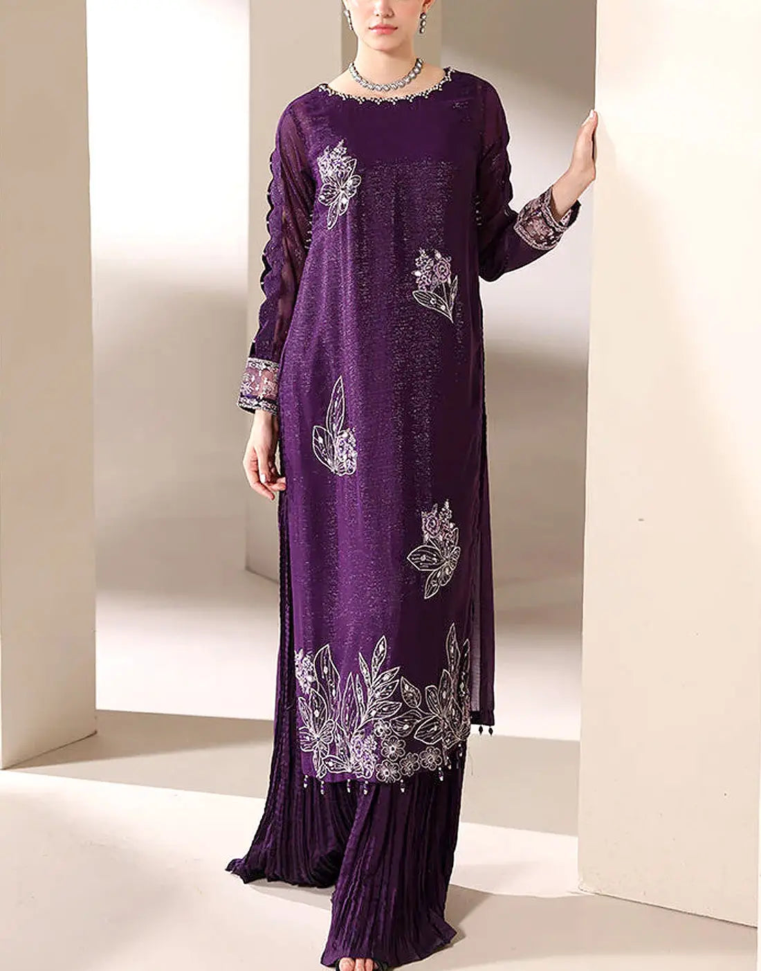 Fancy Handwork Embroidered Purple Chiffon Party Wear Dress