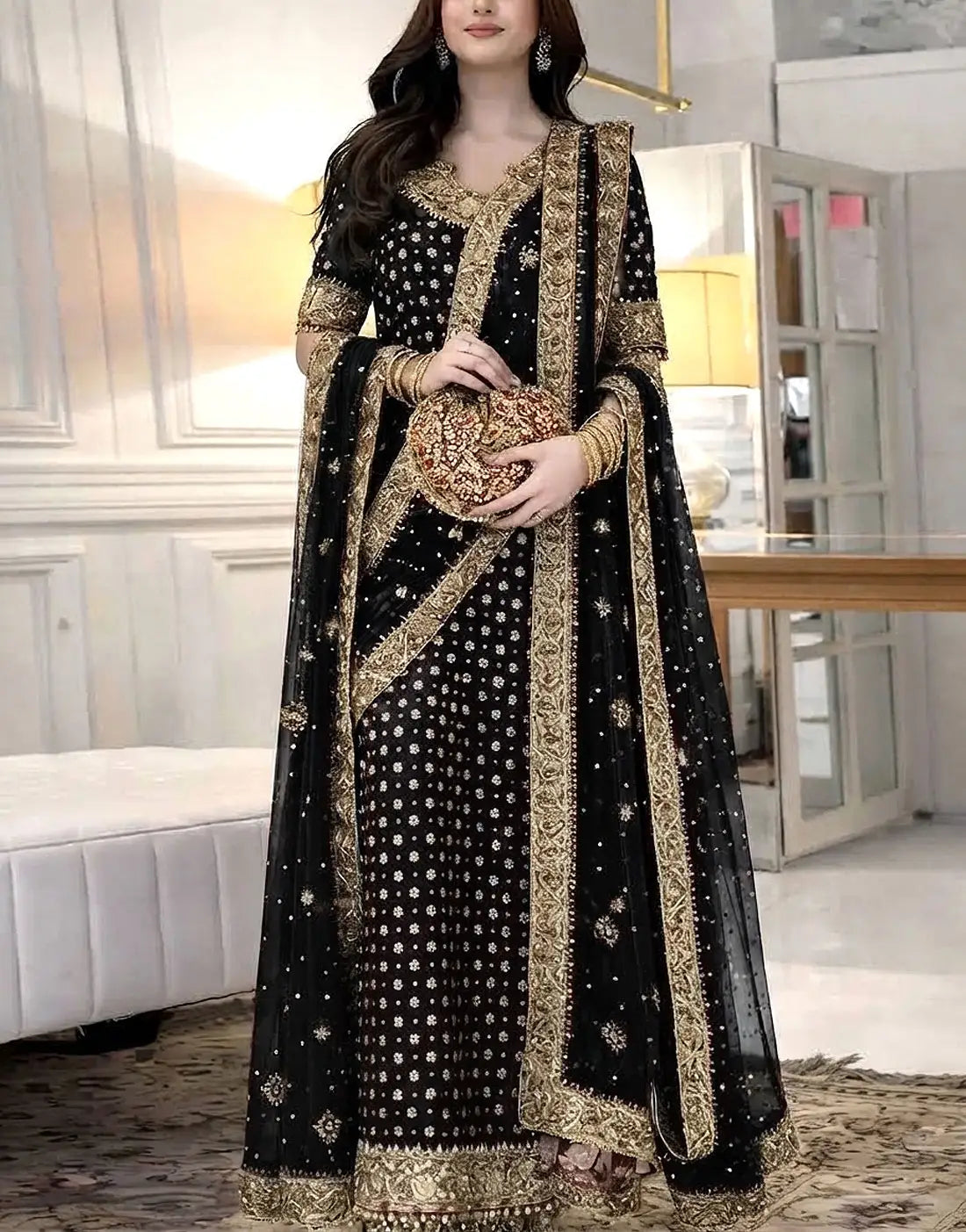 Heavy Embroidered & Adda Work Long‑Length Chiffon Bridal Dress with Matching Potli Bag