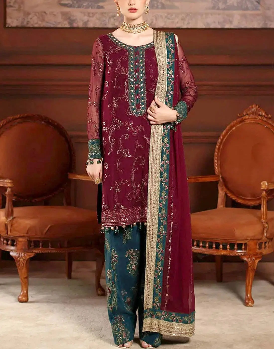 Elegant Heavy Embroidered Chiffon Wedding Dress with Embroidered Silk Trouser
