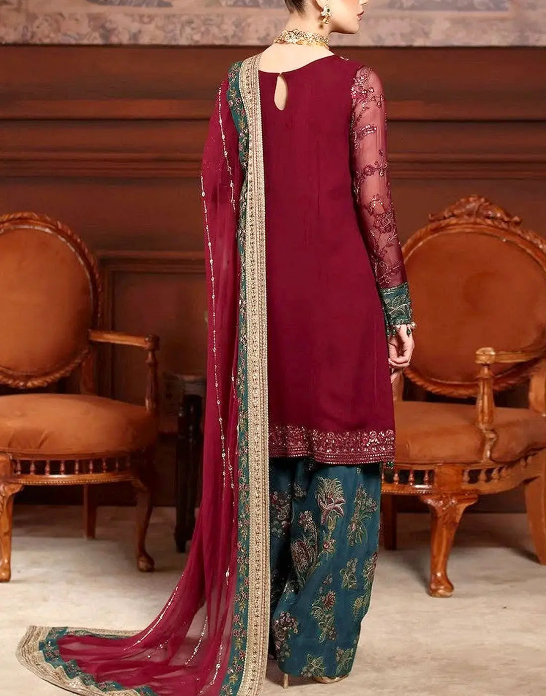 Elegant Heavy Embroidered Chiffon Wedding Dress with Embroidered Silk Trouser