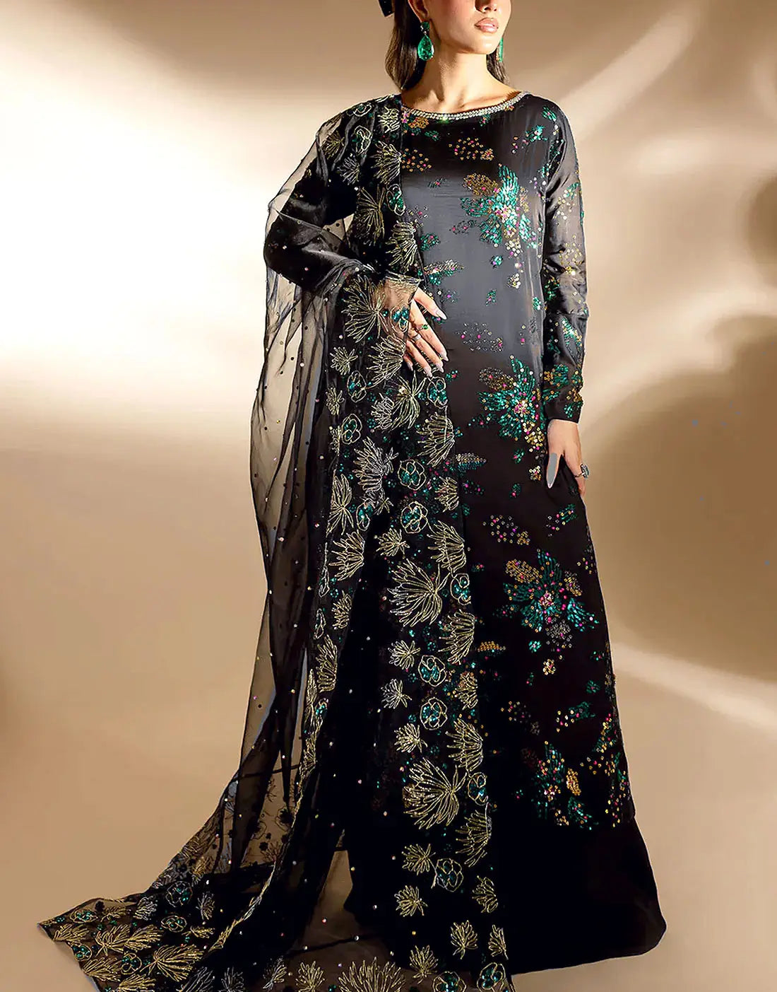 Glamourous Embroidered Black Chiffon Dress - Ideal for Weddings & Party Wear