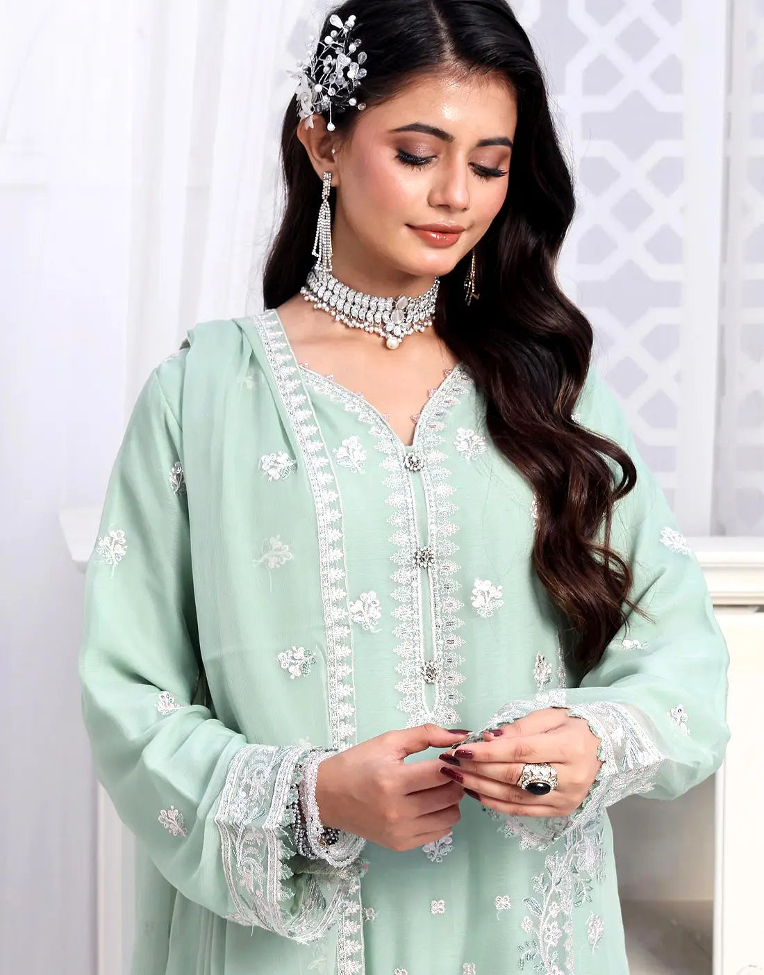 Naina Semi-Stitched Soft Green Embroidered Chiffon Dress for Weddings and Parties