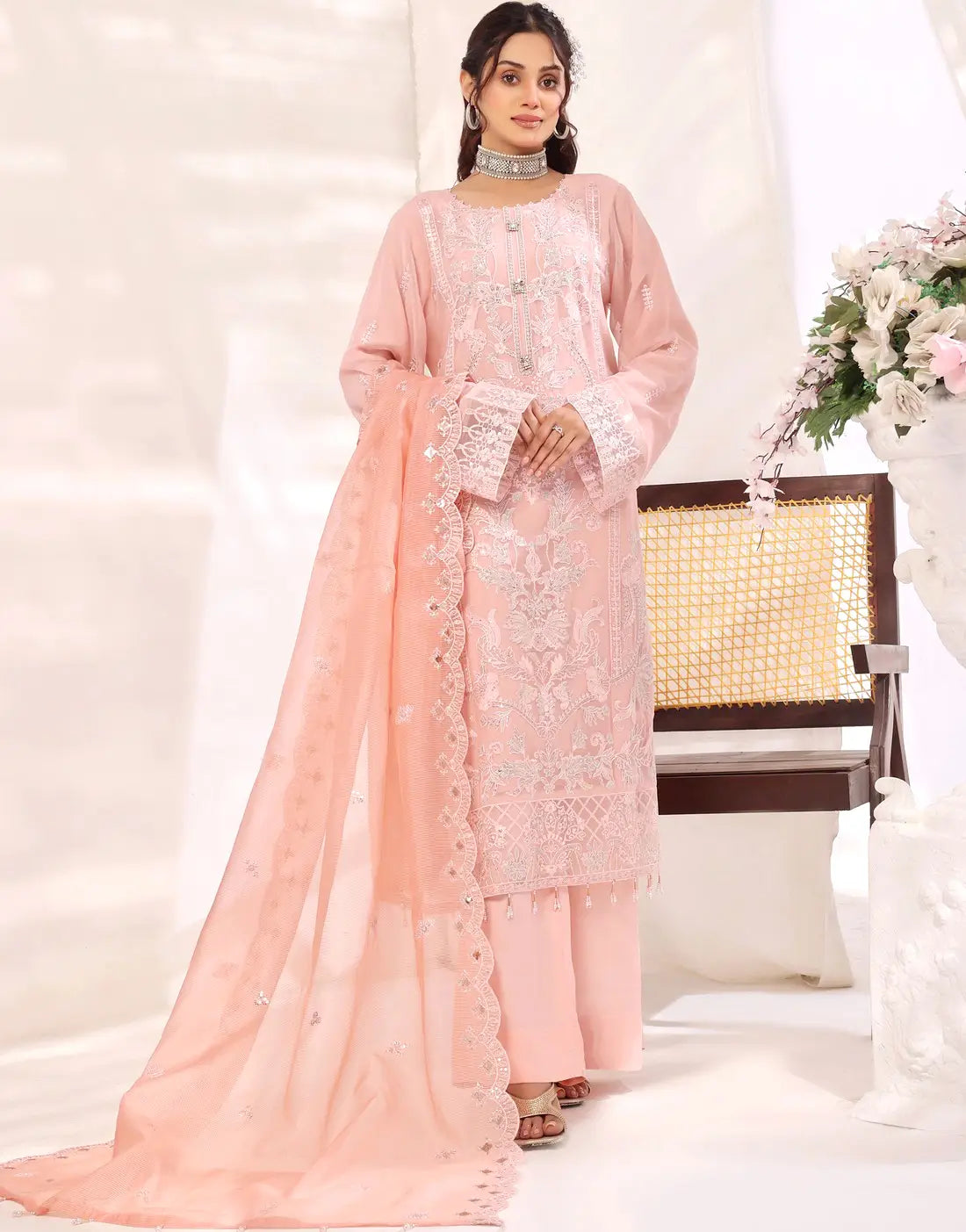 Batul Semi-Stitched Embroidered Chiffon Dress for Festive & Party Wear