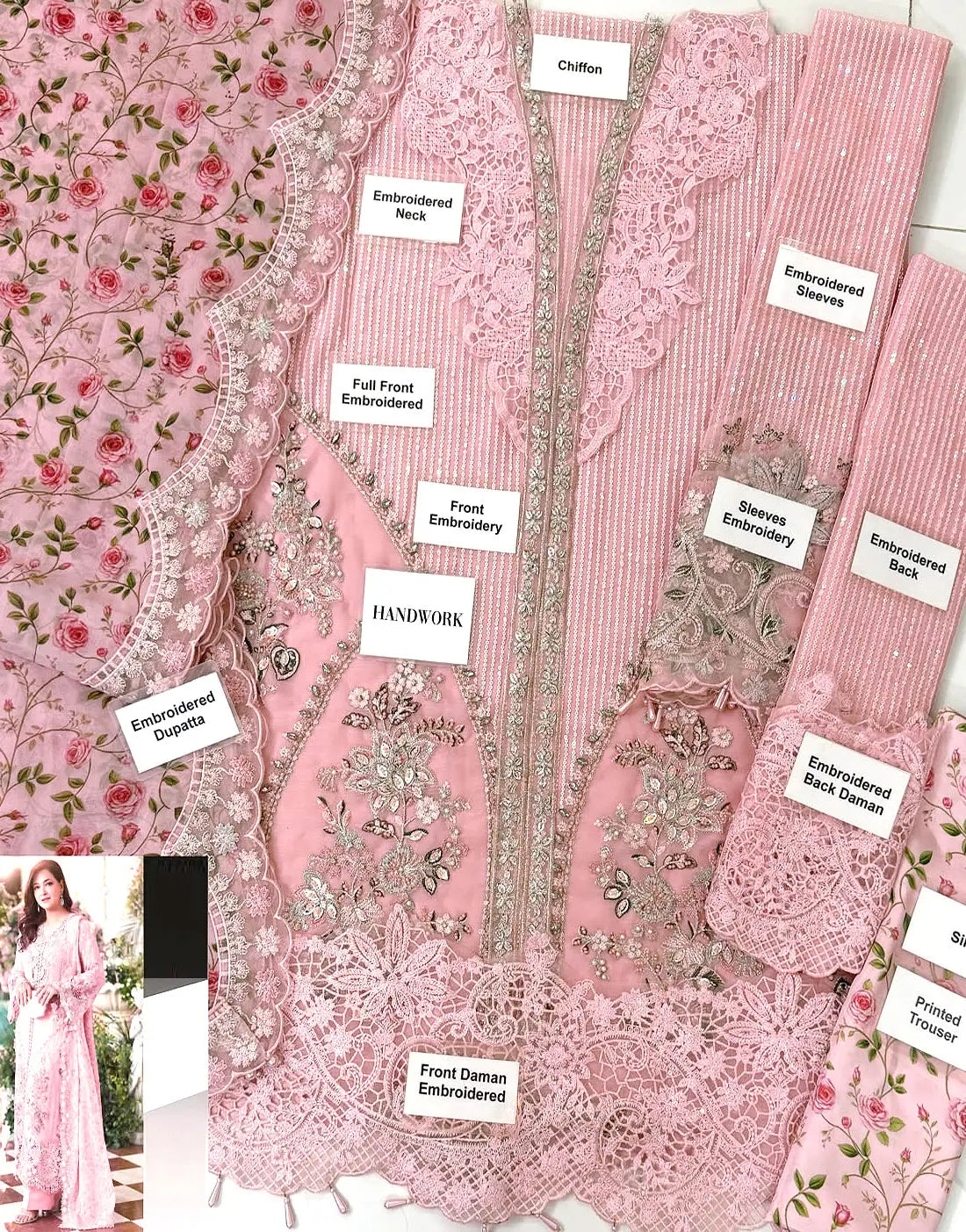 Luxury Handwork Embroidered Pink Chiffon Party Dress  – Perfect for Wedding & Formal Events