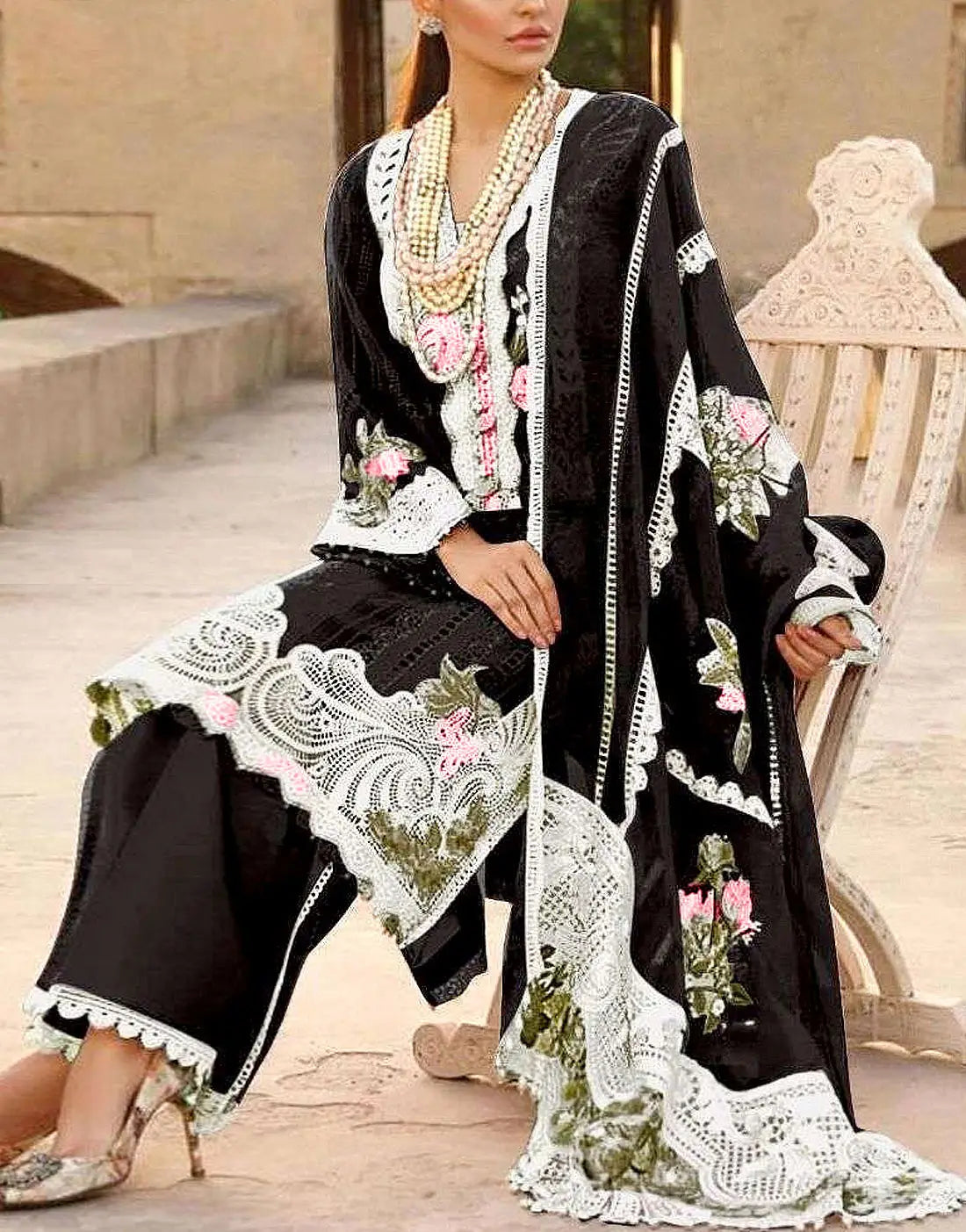 Luxury Schiffli Embroidered Black Cotton Lawn Dress with 4-Side Emb. Chiffon Dupatta