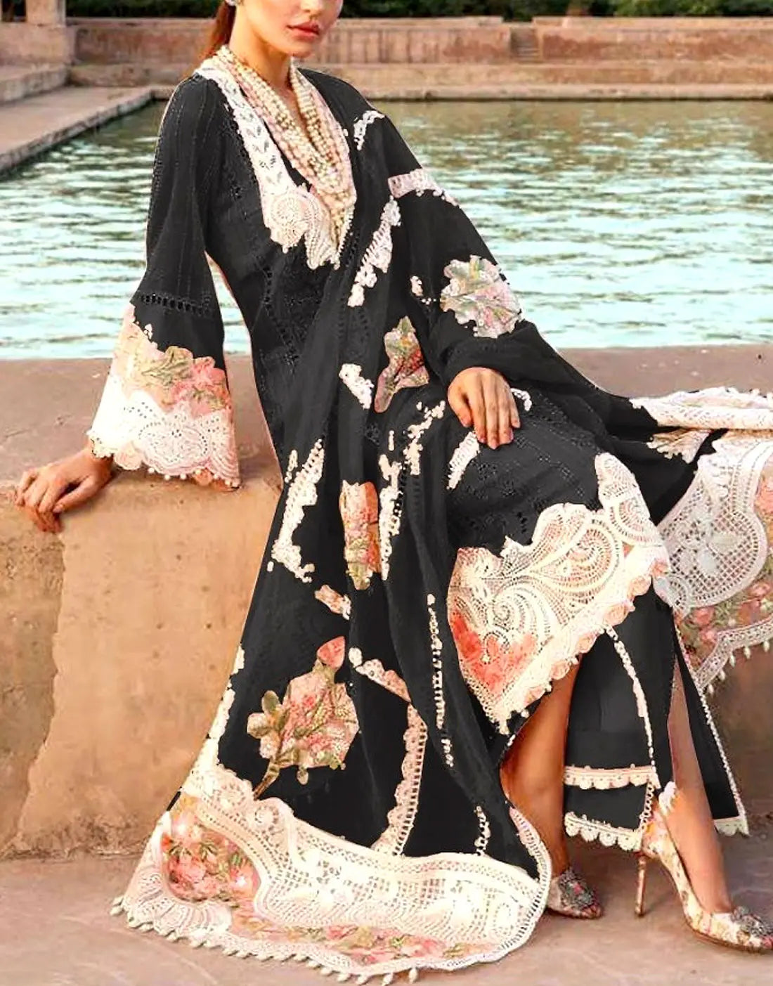 Luxury Schiffli Embroidered Black Cotton Lawn Dress with 4-Side Emb. Chiffon Dupatta