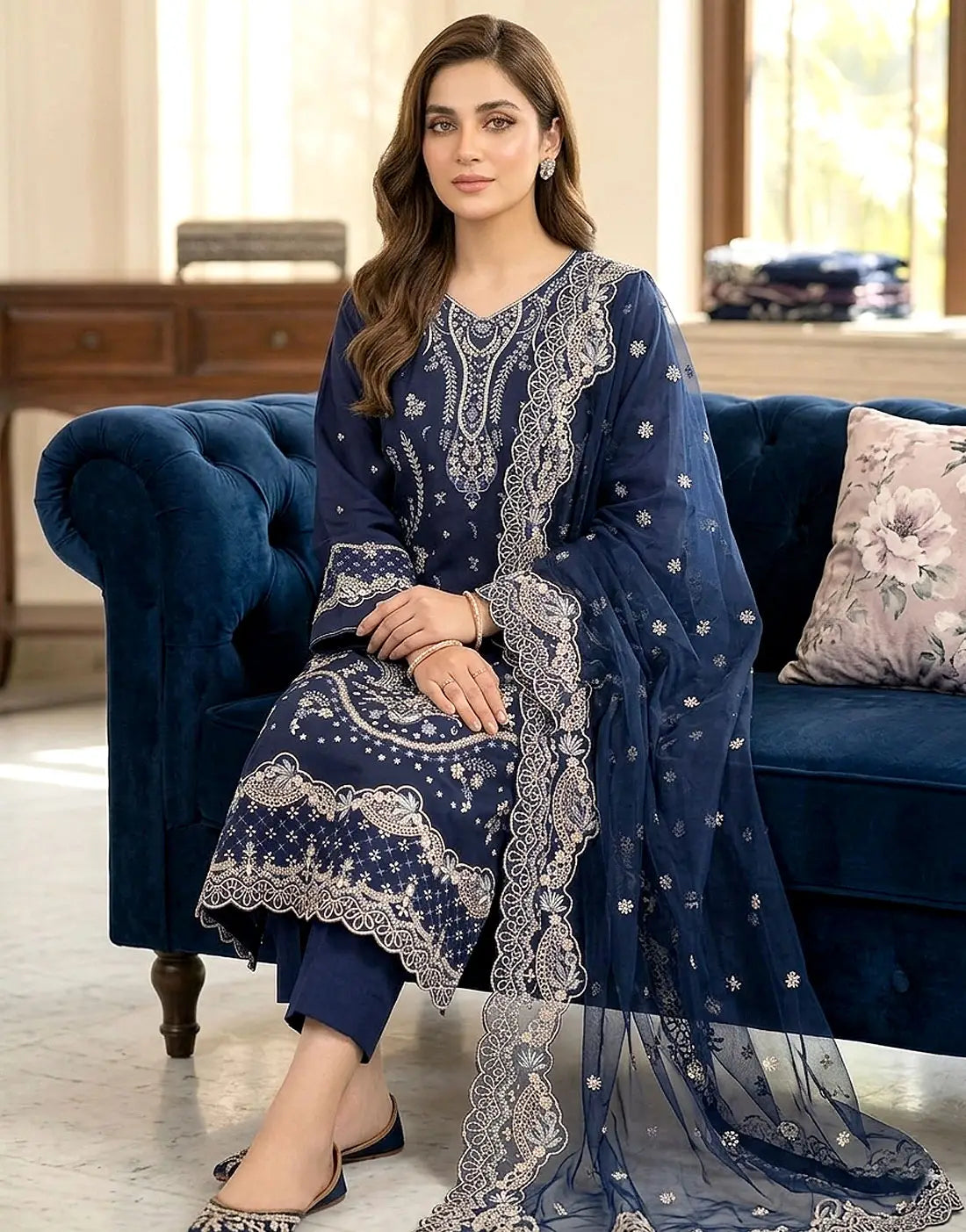 Heavy Embroidered Navy Blue Cotton Party Dress with Emb. Chiffon Dupatta