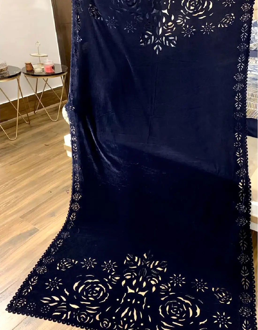 Laser Cutwork Navy Blue Velvet Shawl for Ladies