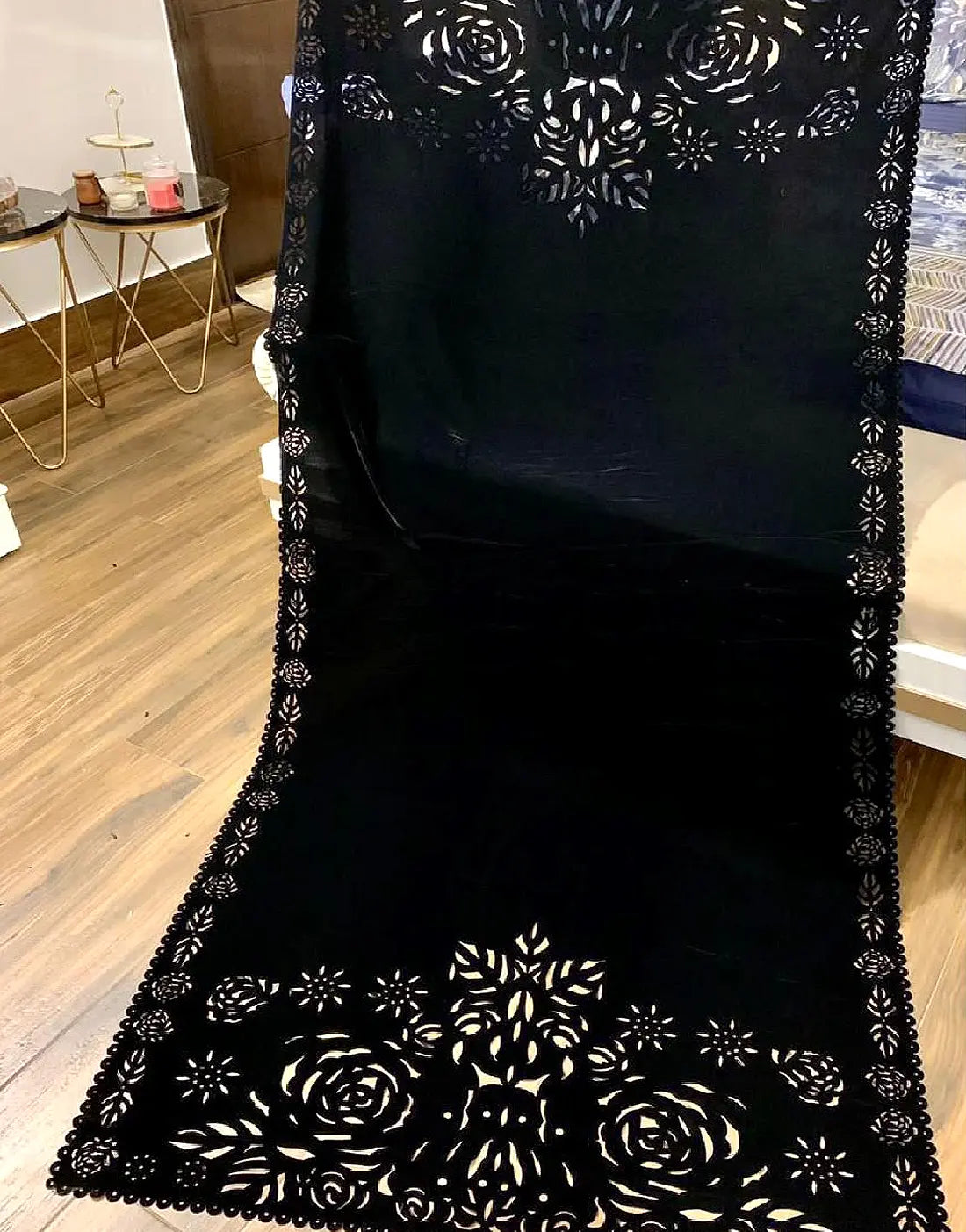 Laser Cutwork Black Velvet Shawl for Ladies